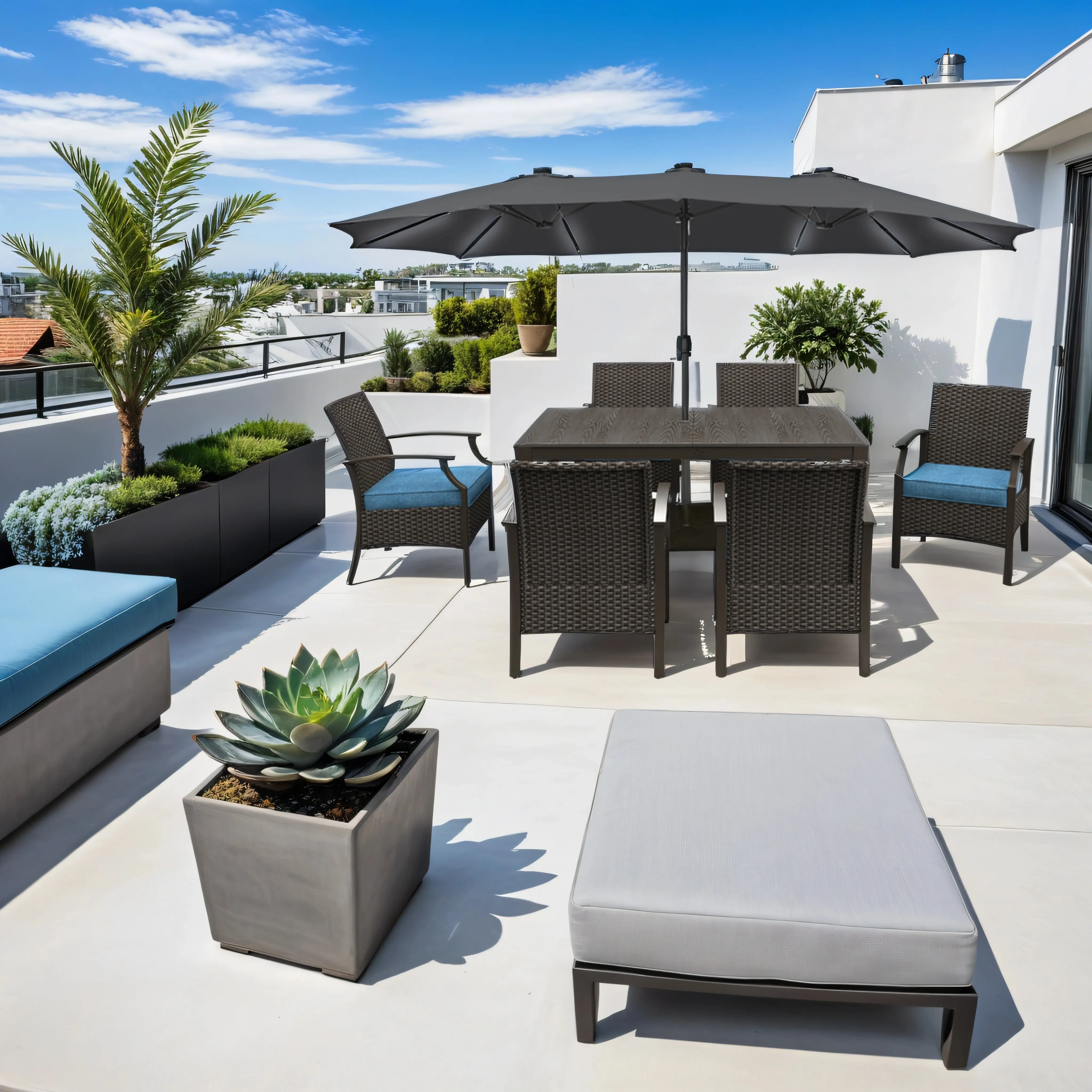 15ft Double-Sided Outdoor Umbrella with Solar String Lights & Base