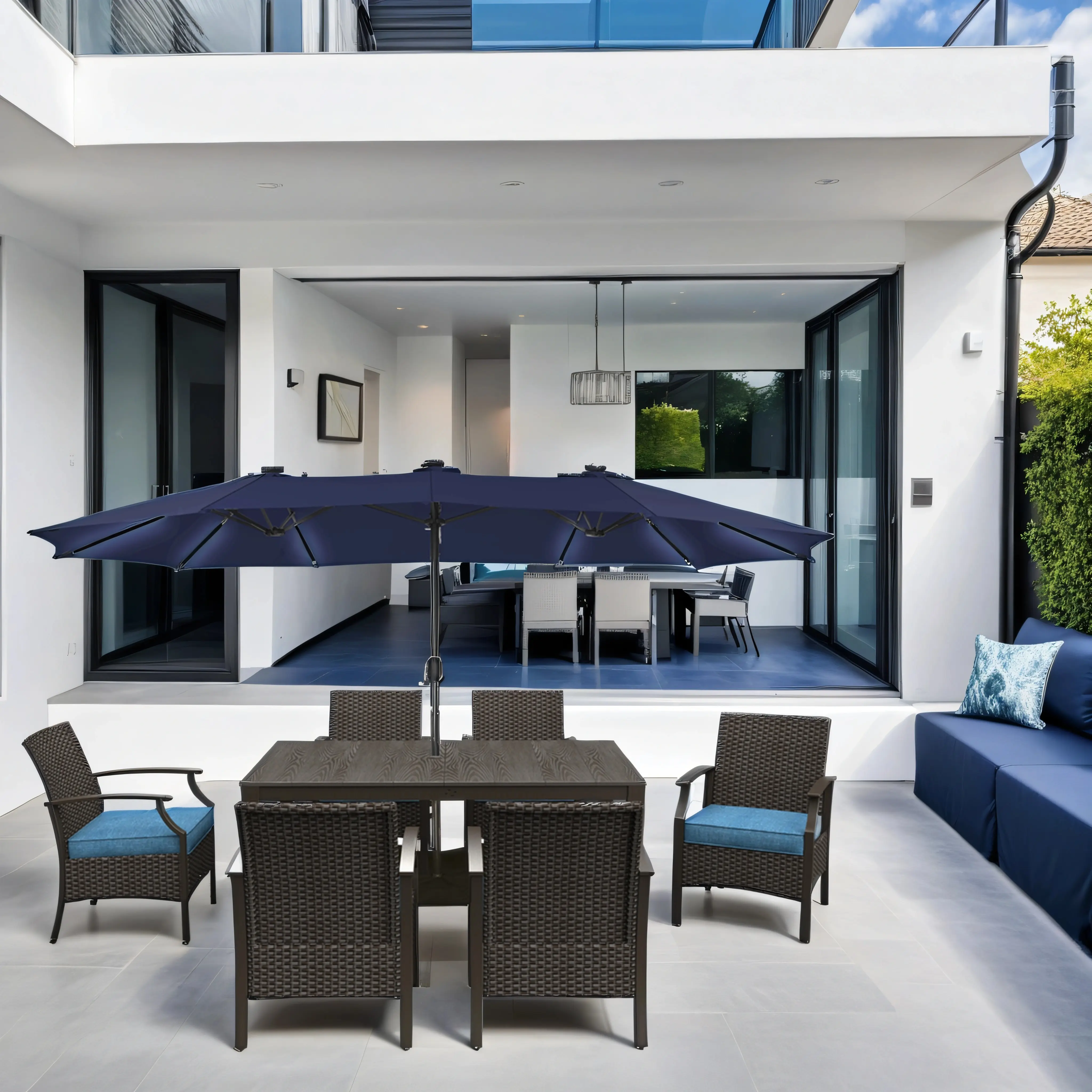 15ft Double-Sided Outdoor Umbrella with Solar String Lights & Base