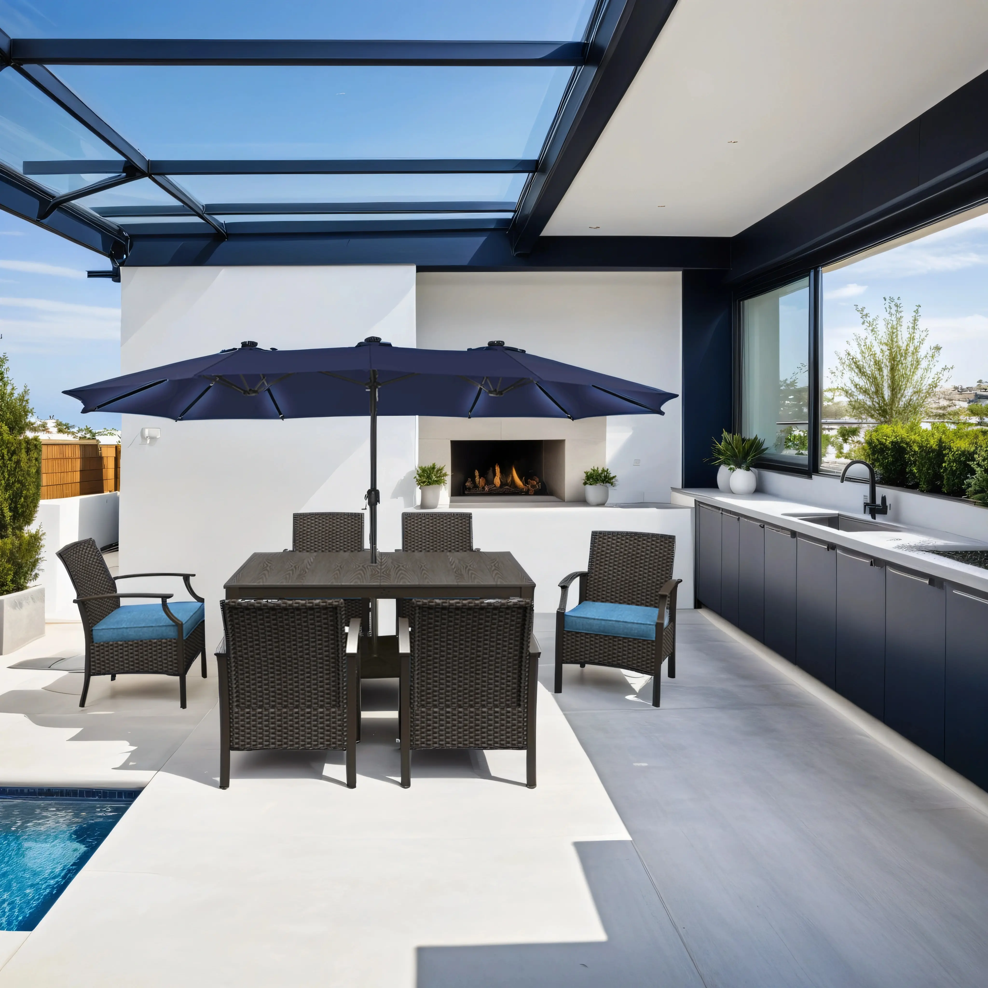 15ft Double-Sided Outdoor Umbrella with Solar String Lights & Base