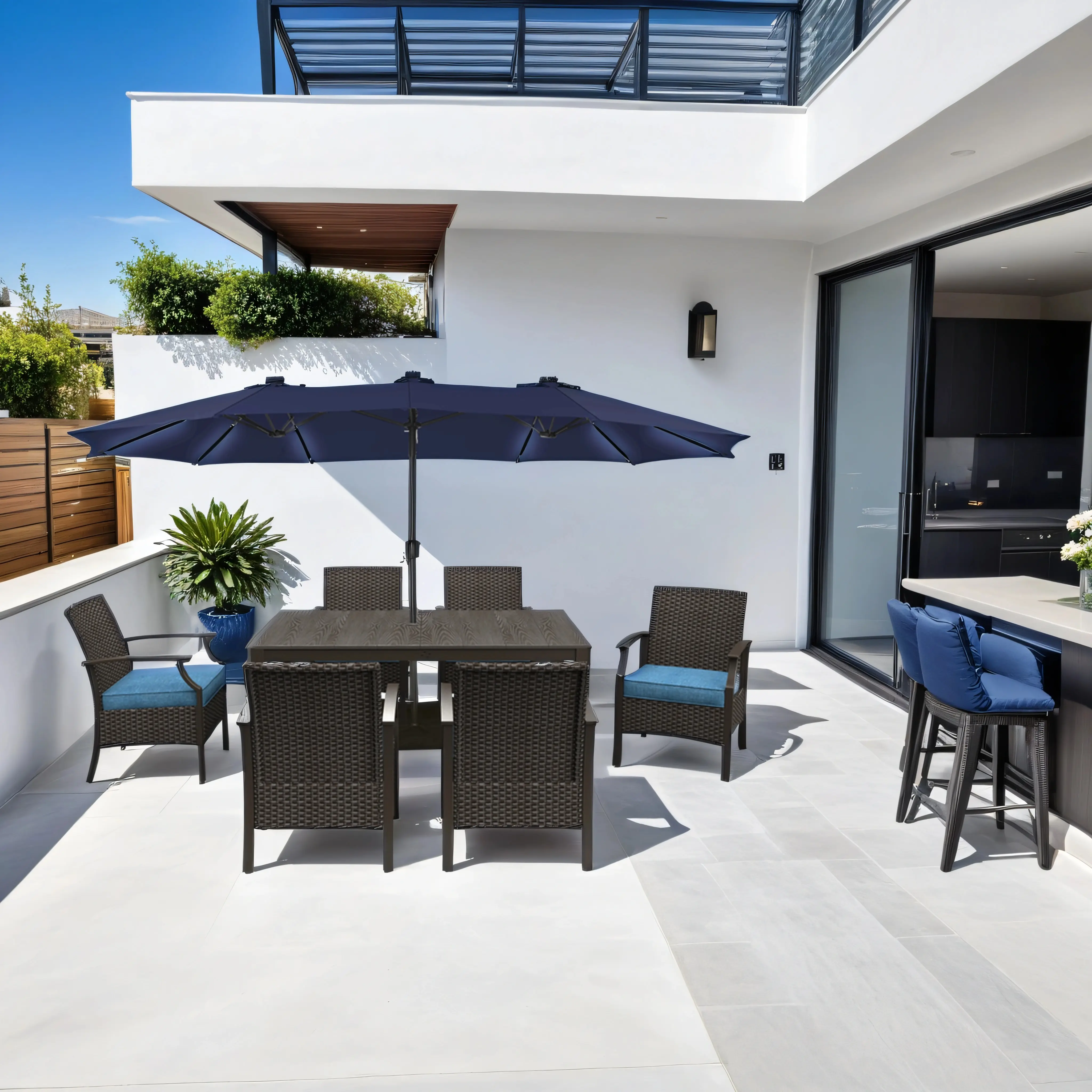 15ft Double-Sided Outdoor Umbrella with Solar String Lights & Base