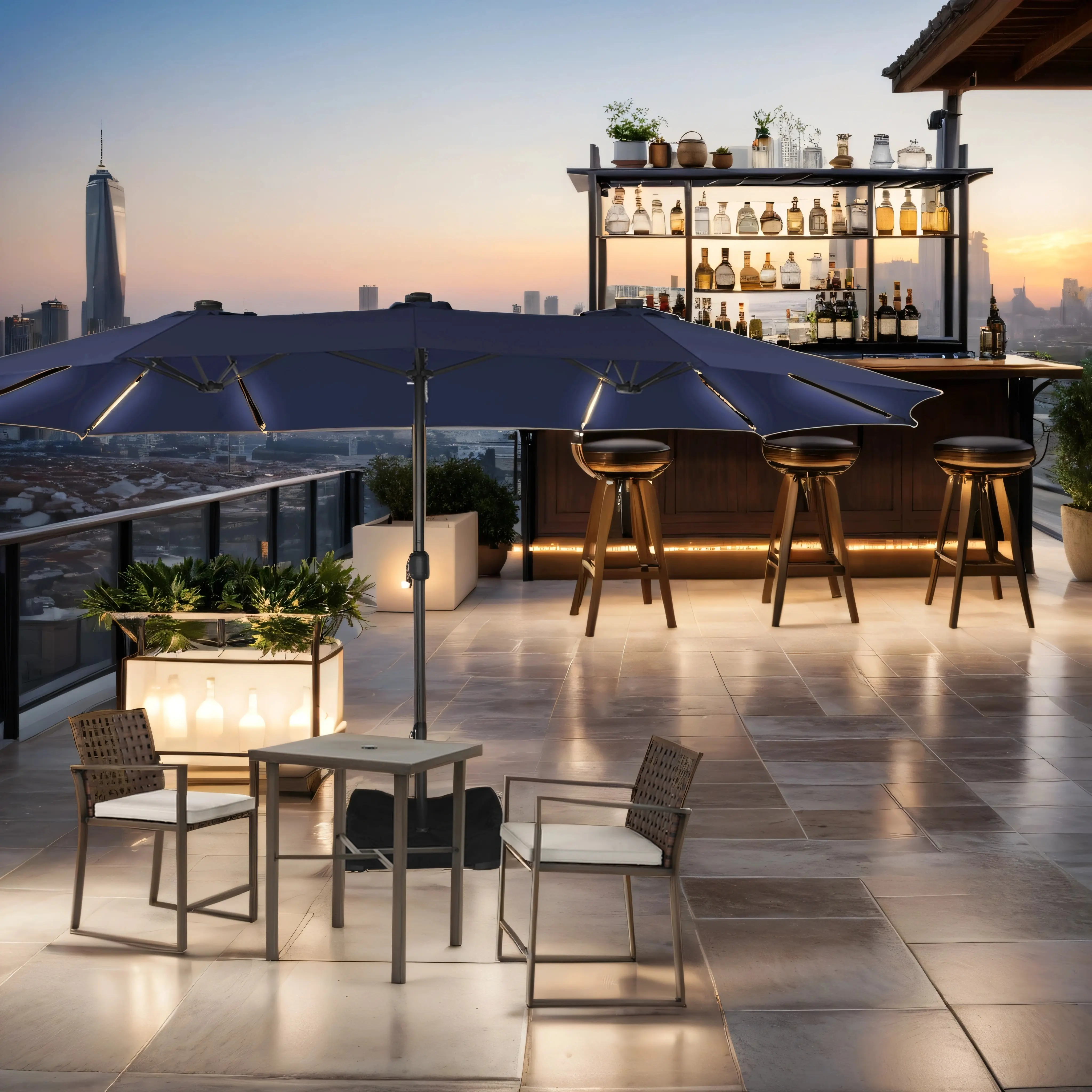 15ft Double-Sided Outdoor Umbrella with Solar String Lights & Base