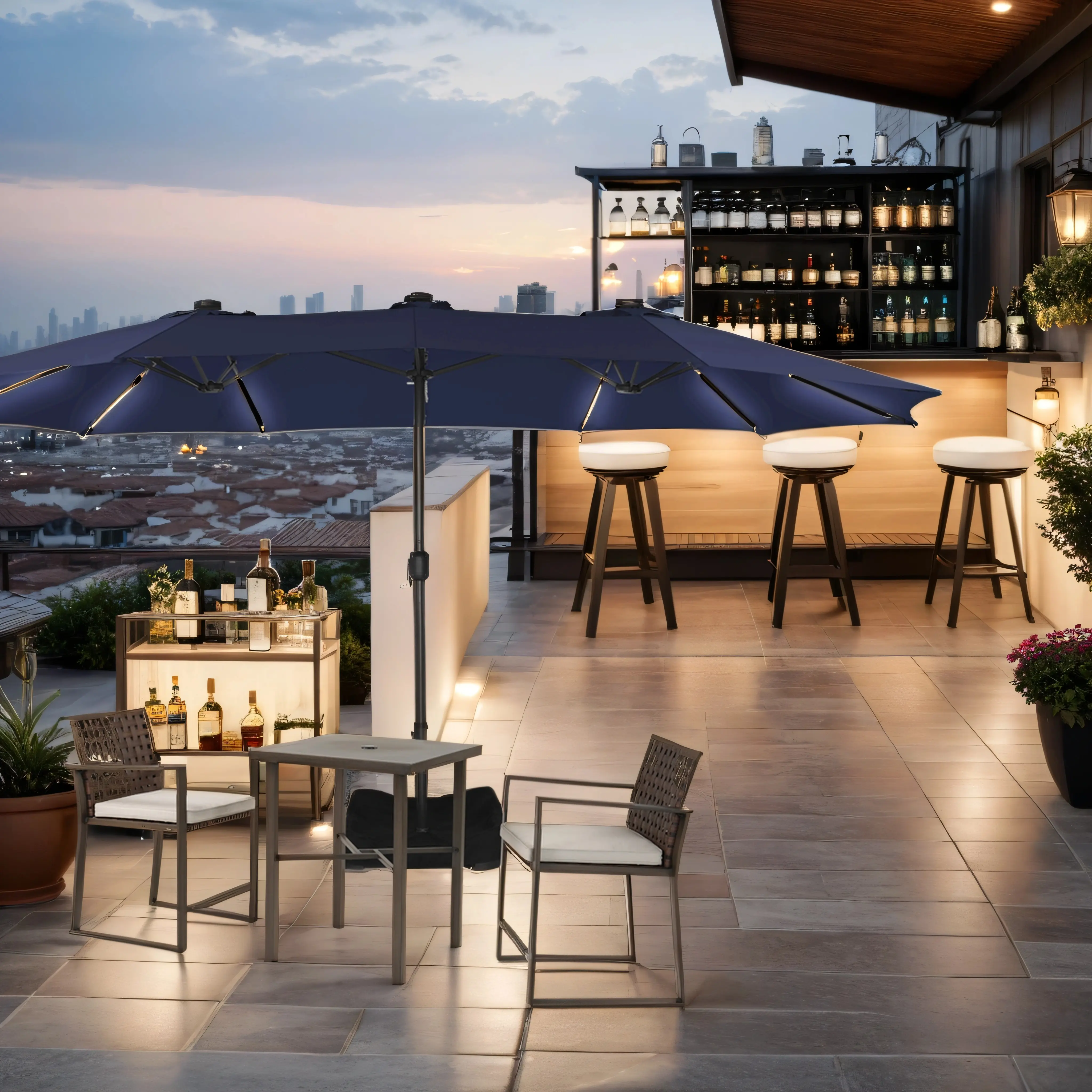 15ft Double-Sided Outdoor Umbrella with Solar String Lights & Base