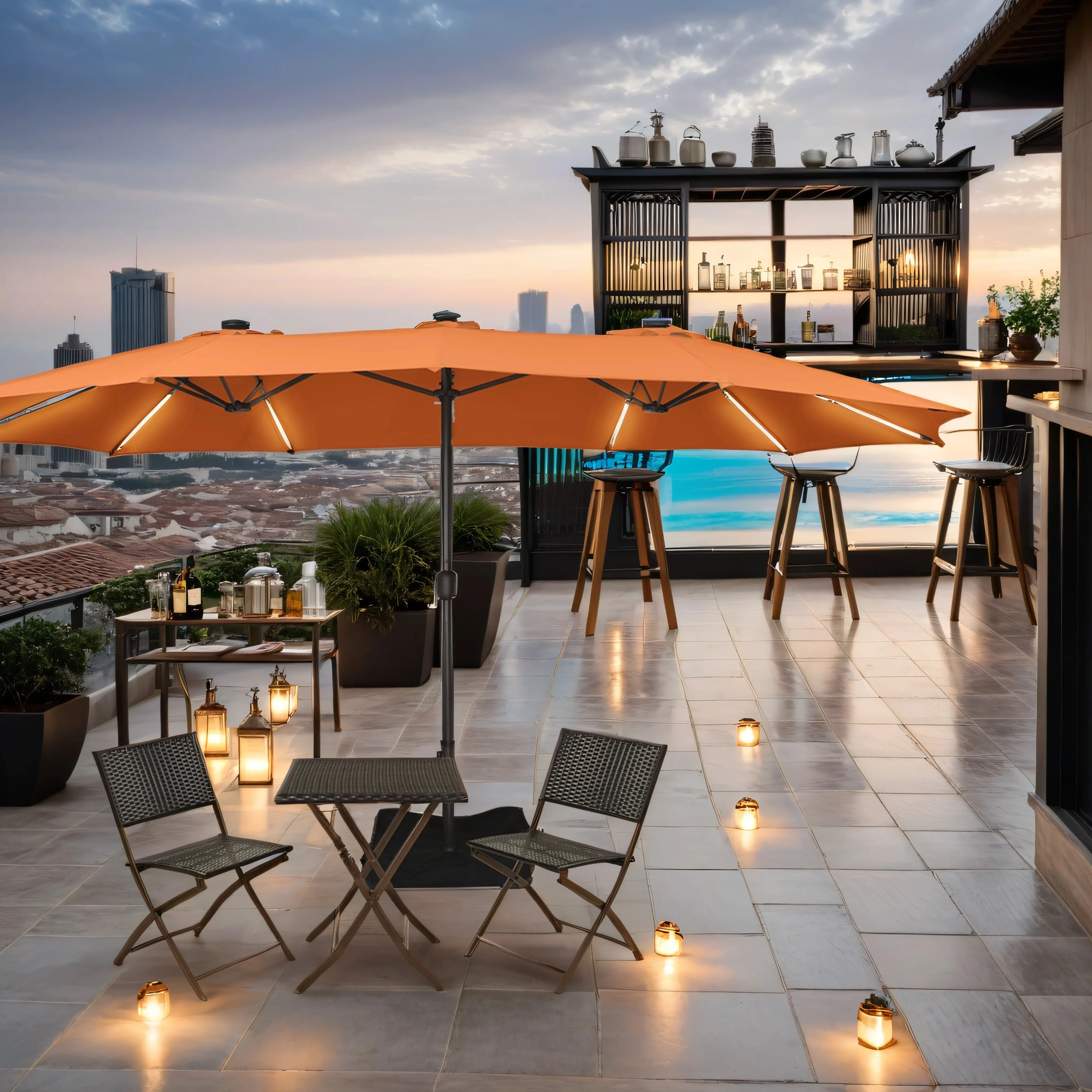 15ft Double-Sided Outdoor Umbrella with Solar String Lights & Base