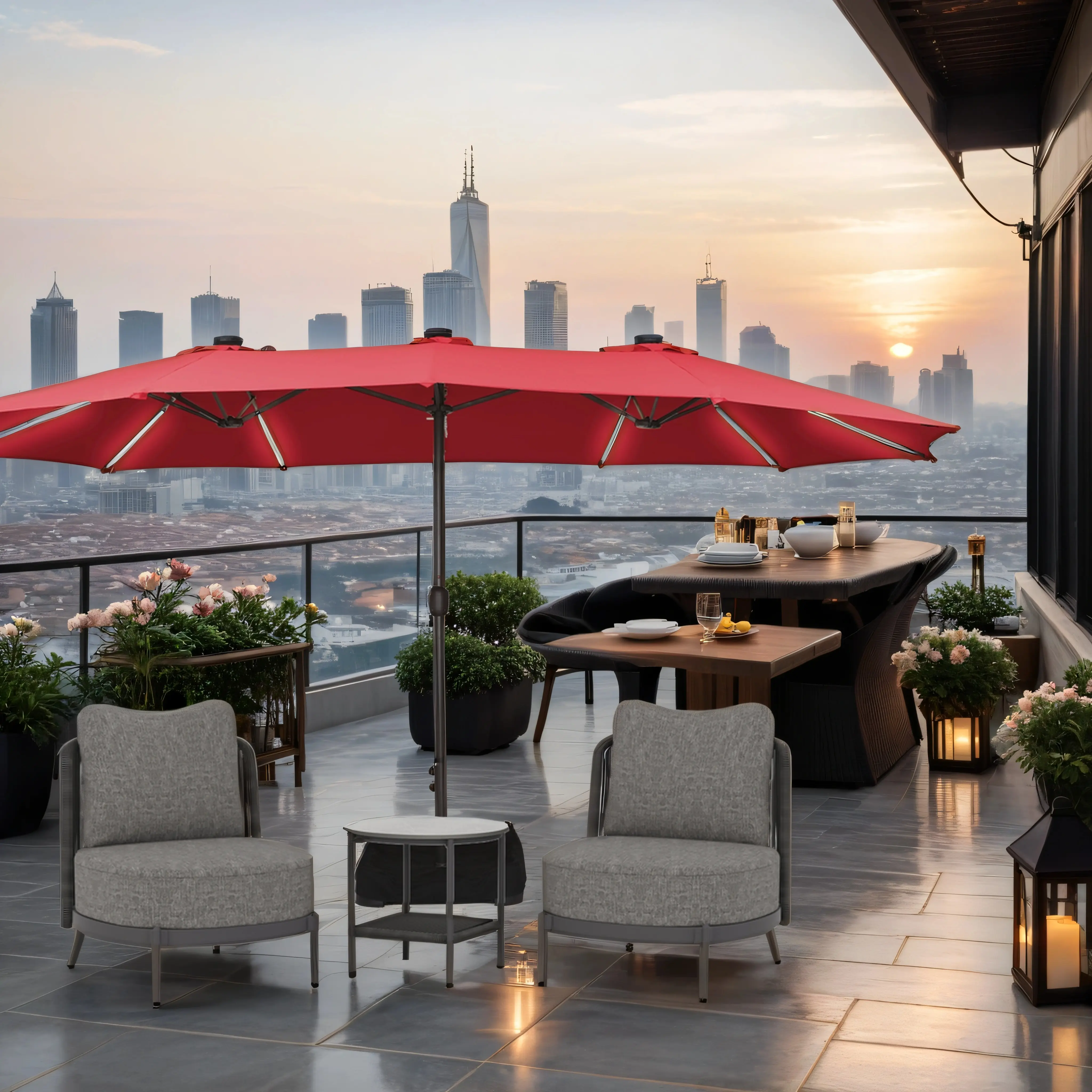 15ft Double-Sided Outdoor Umbrella with Solar String Lights & Base