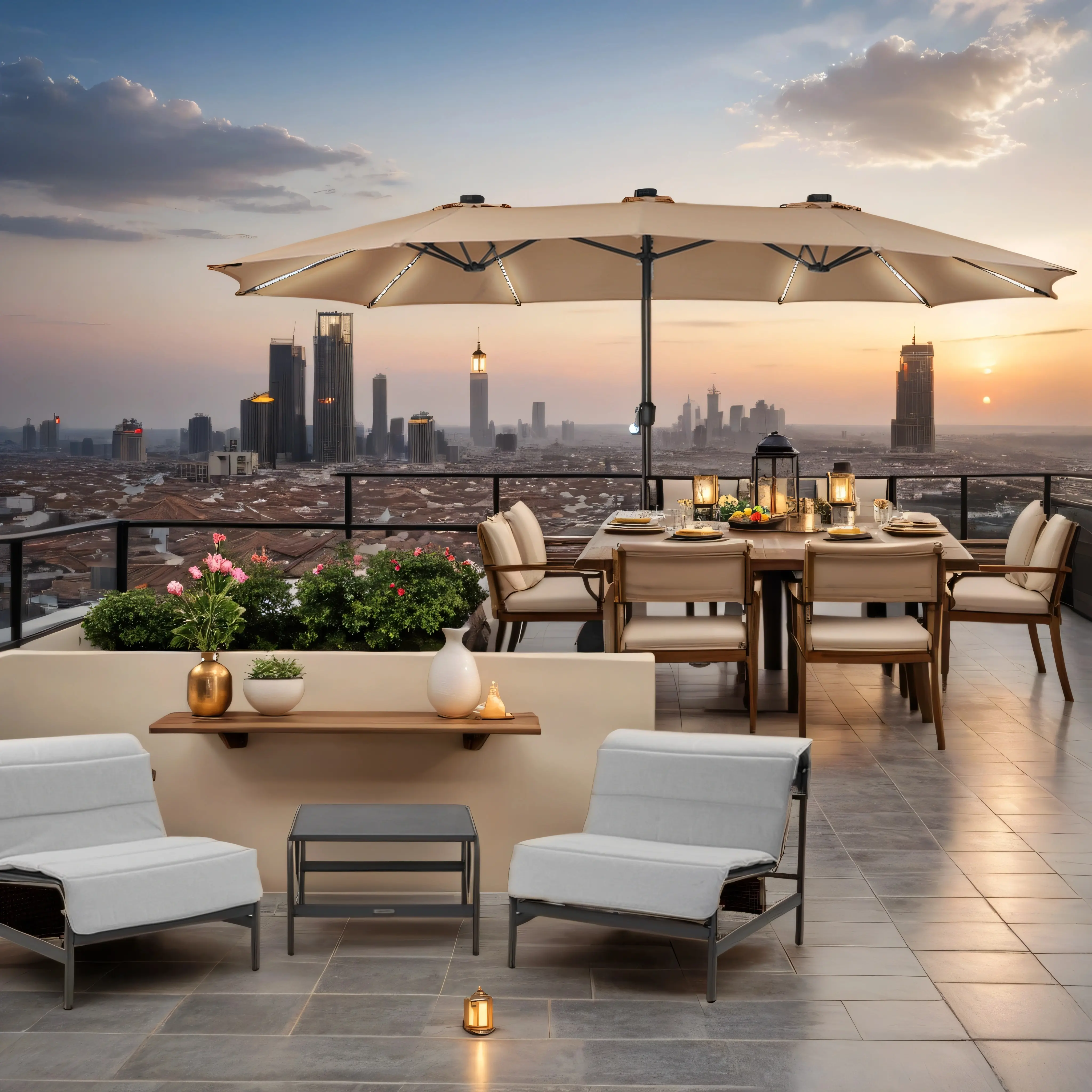 15ft Double-Sided Outdoor Umbrella with Solar String Lights & Base