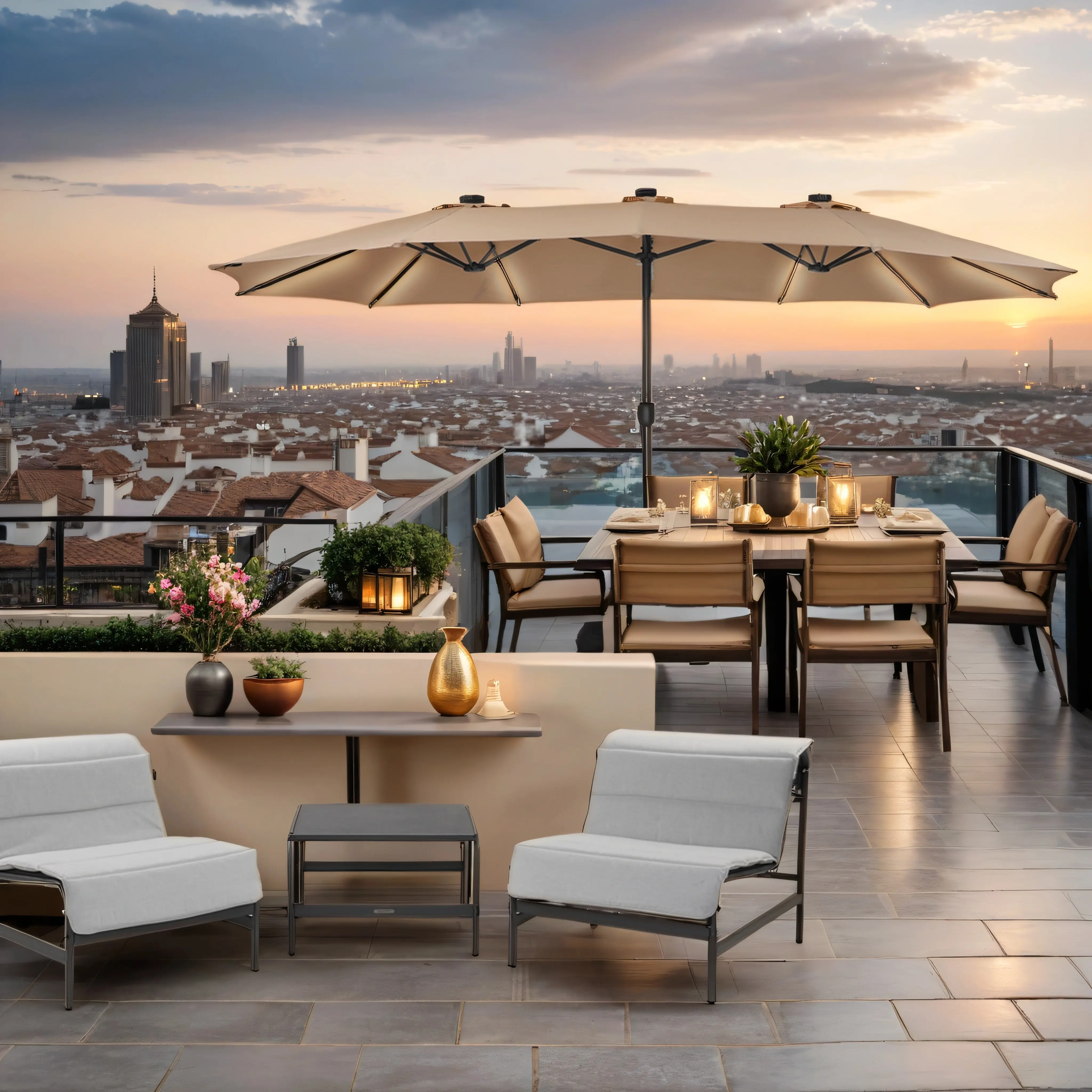 15ft Double-Sided Outdoor Umbrella with Solar String Lights & Base