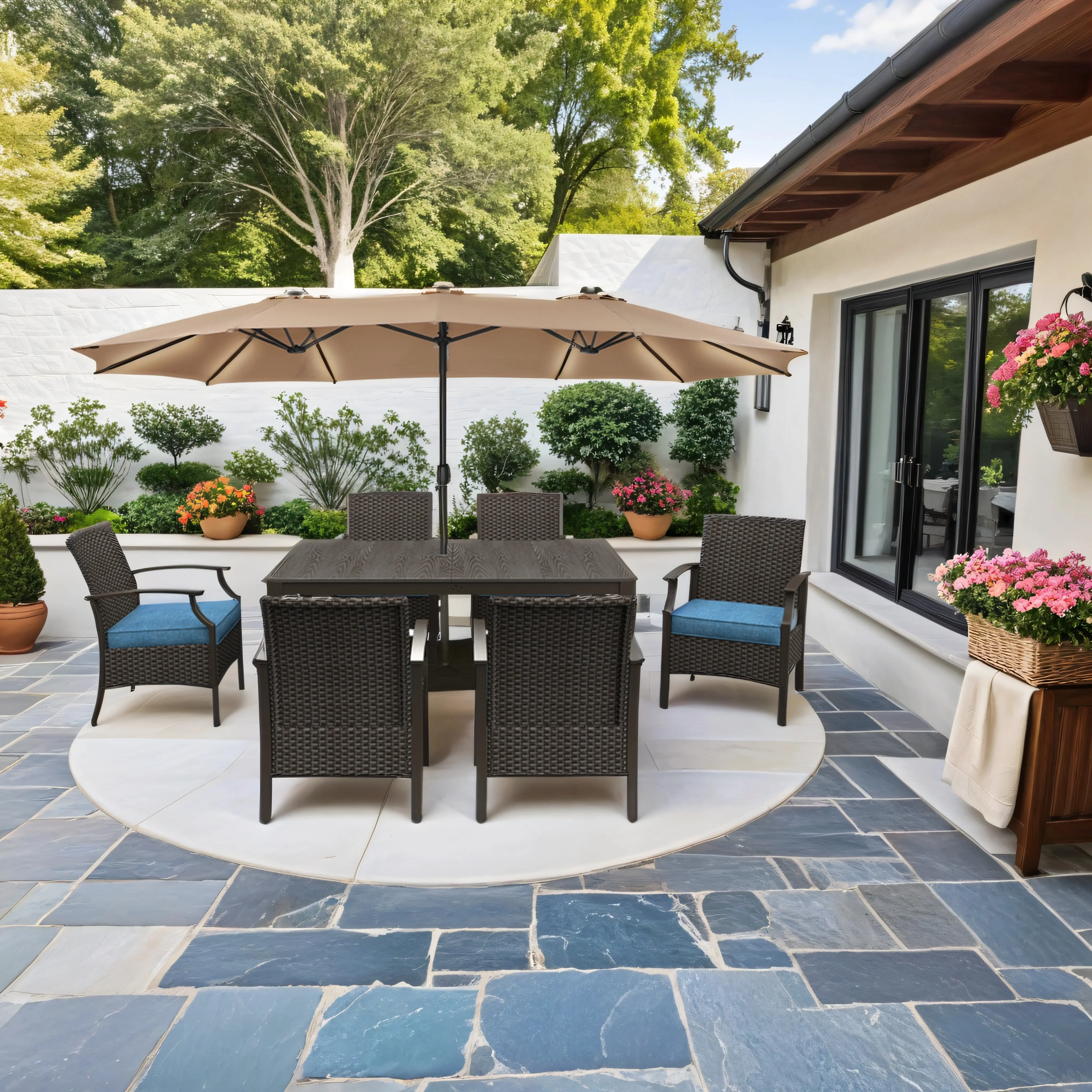 15ft Double-Sided Outdoor Umbrella with Solar String Lights & Base