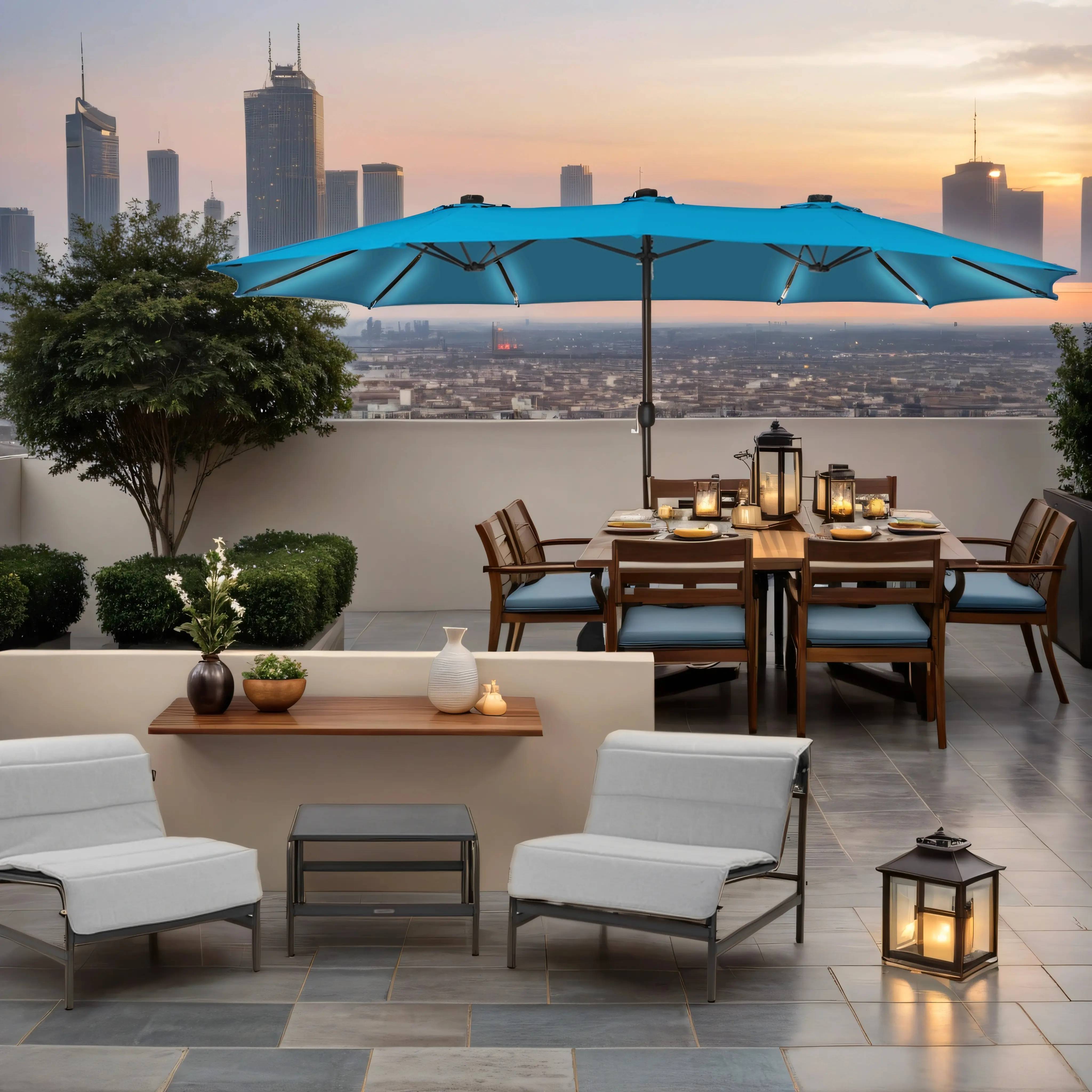 15ft Double-Sided Outdoor Umbrella with Solar String Lights & Base