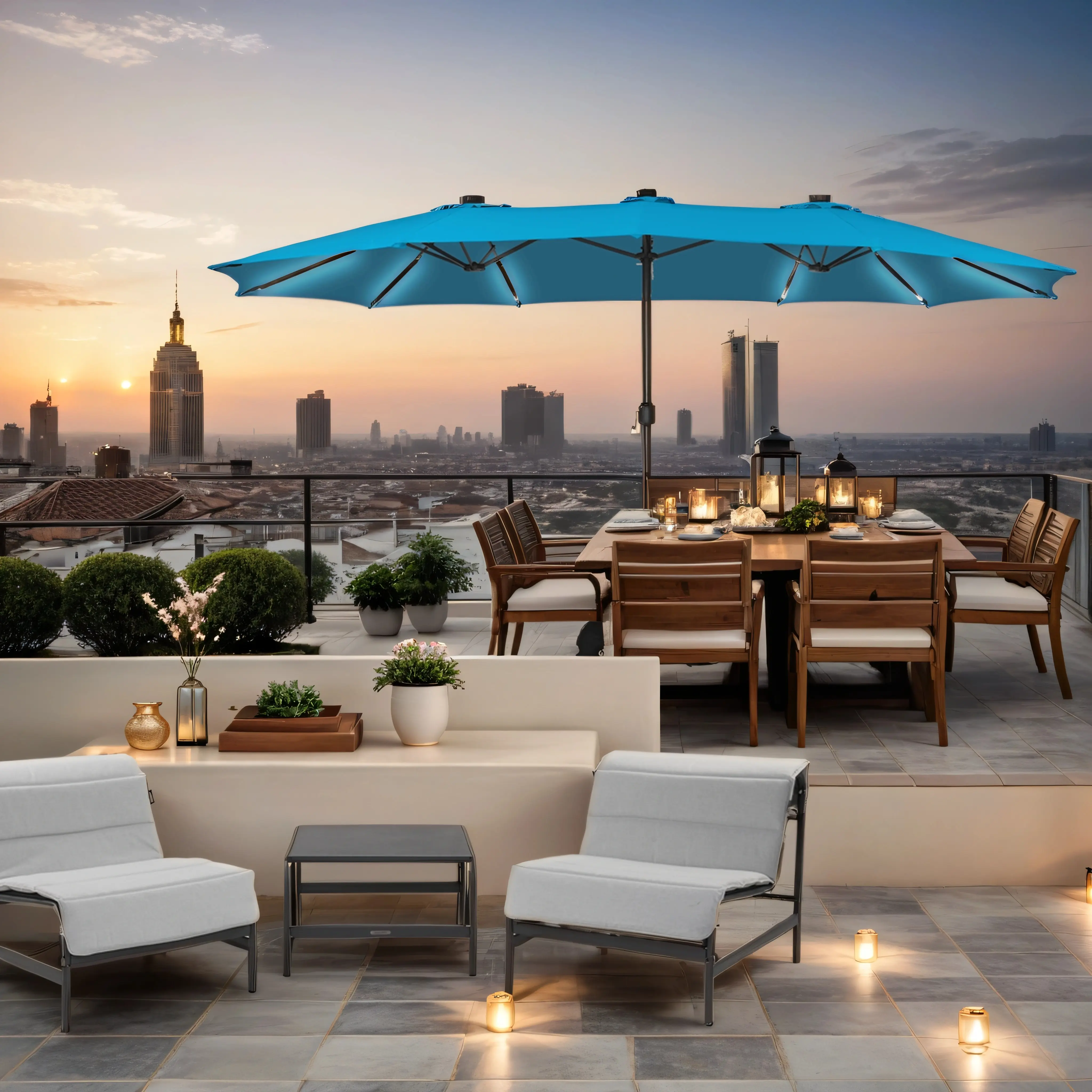 15ft Double-Sided Outdoor Umbrella with Solar String Lights & Base