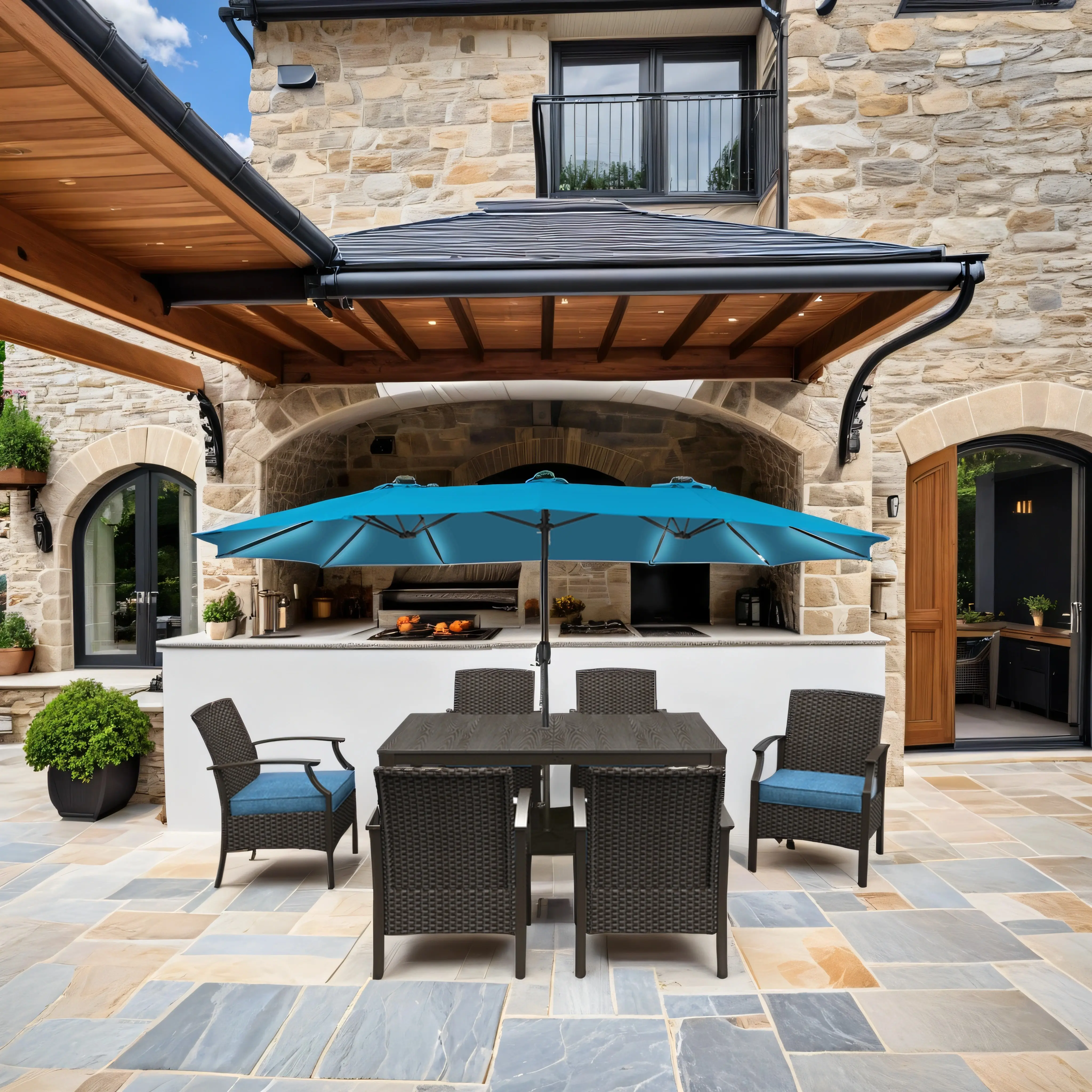 15ft Double-Sided Outdoor Umbrella with Solar String Lights & Base