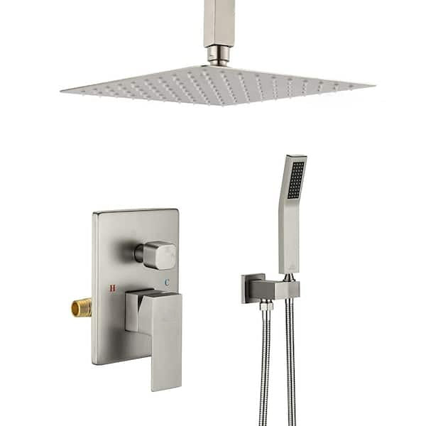 12 in.Ceiling-Mounted Shower System with Valve in Matte Black/Brushed Nickel