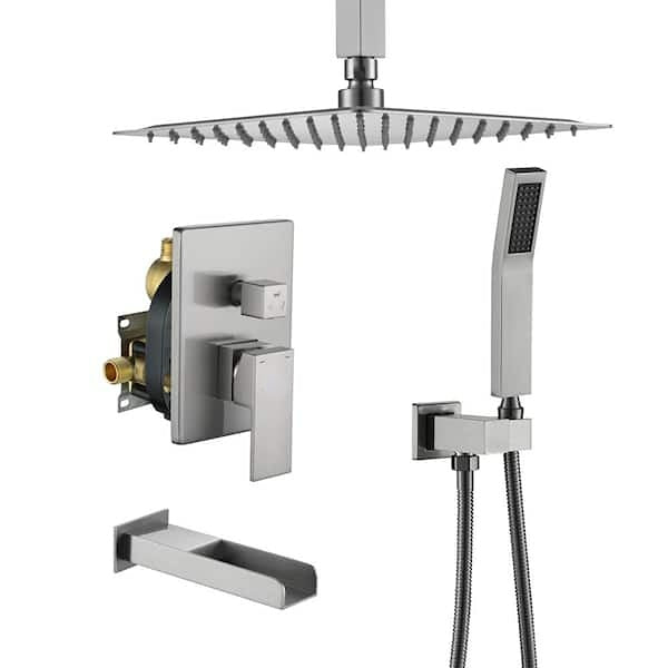 3-Function 10 in.Ceiling-Mounted Shower System with Waterfall Tub Filler in Matte Black/Brushed Nickel