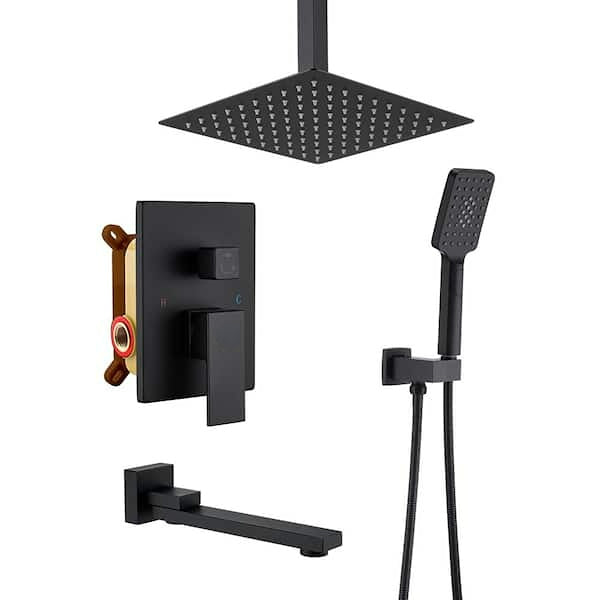 3-Spray Pattern 10"/12" in Ceiling Mount Shower Head, Tub Spout and Functional Handheld, Matte Black (Valve Included)