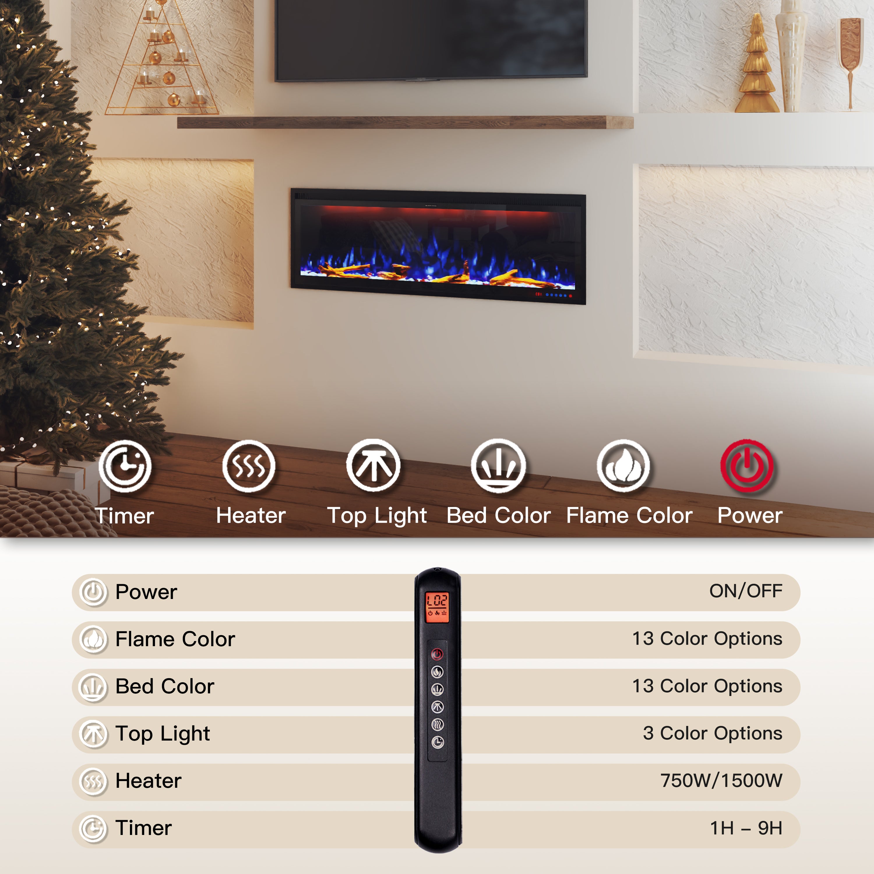50/60/74/88-in W Black LED Wall-mount Electric Fireplace with Remote Control Included