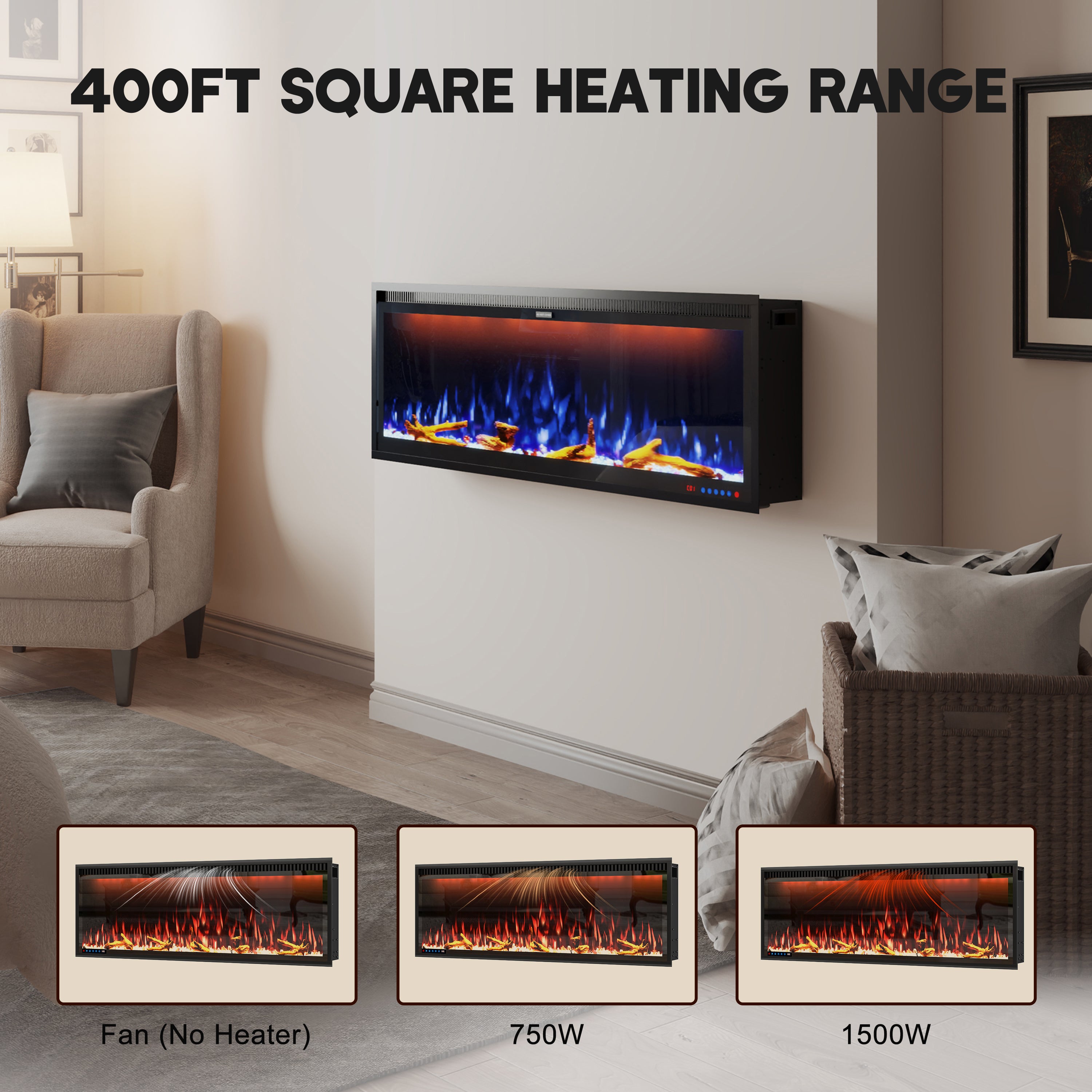 50/60/74/88-in W Black LED Wall-mount Electric Fireplace with Remote Control Included