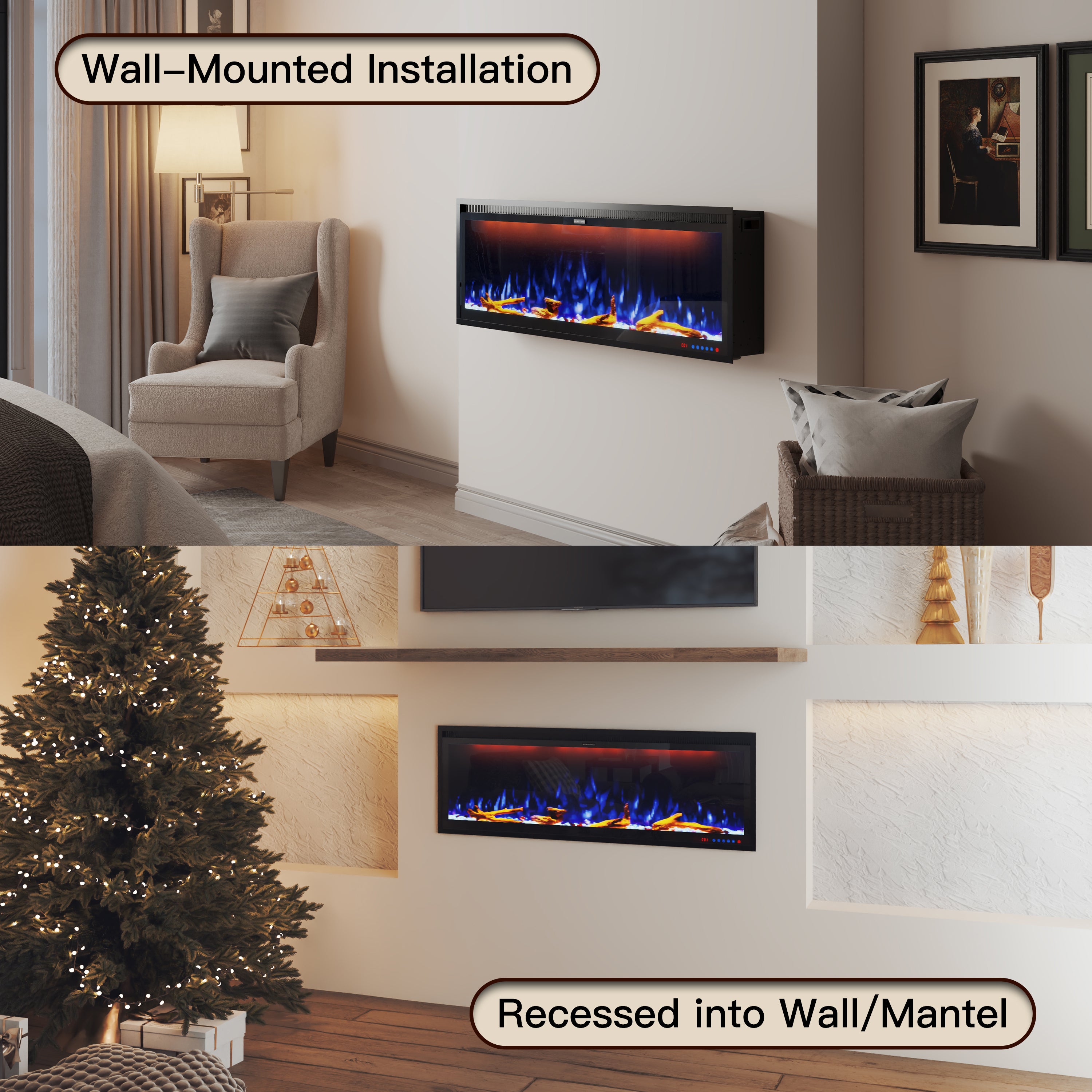 50/60/74/88-in W Black LED Wall-mount Electric Fireplace with Remote Control Included