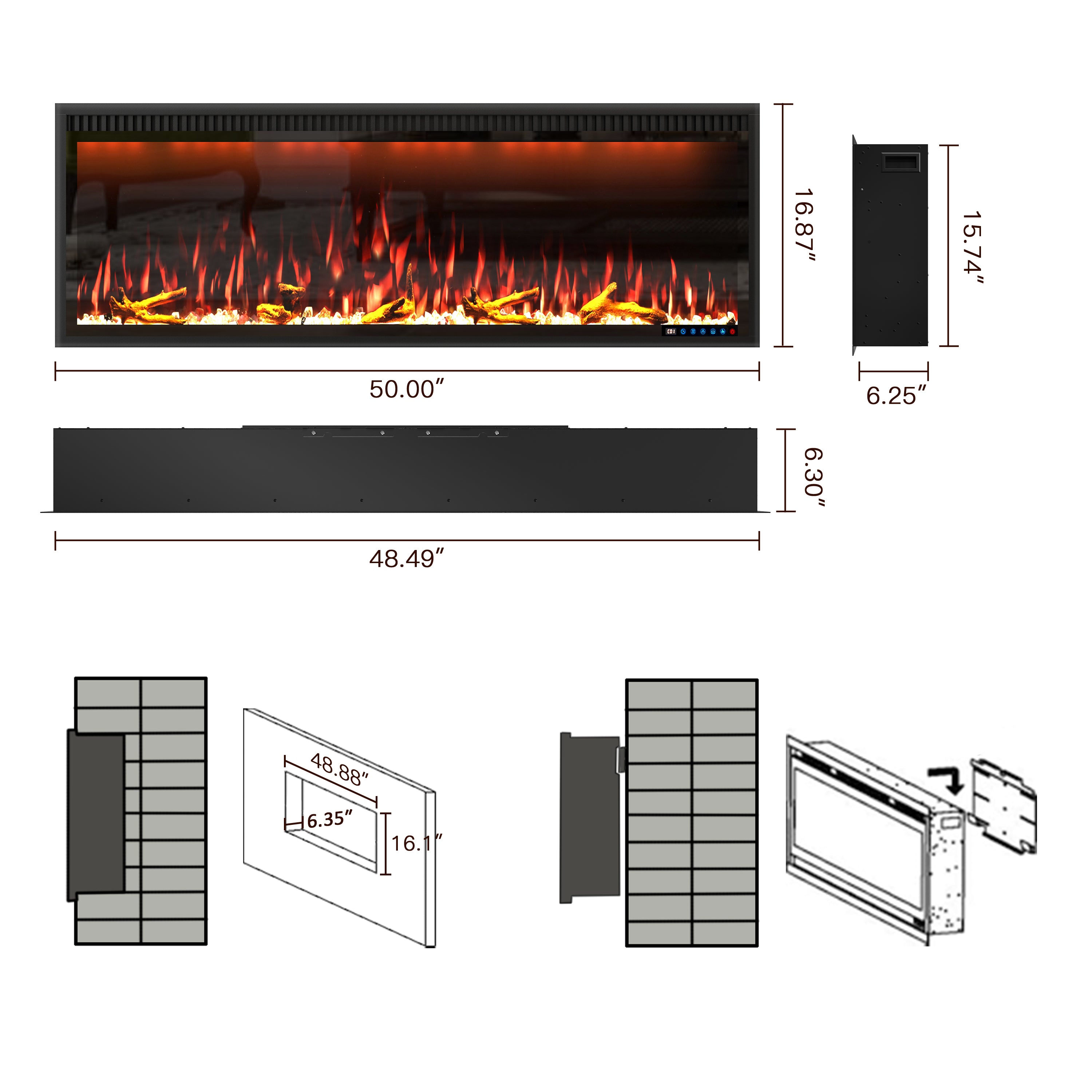 50/60/74/88-in W Black LED Wall-mount Electric Fireplace with Remote Control Included