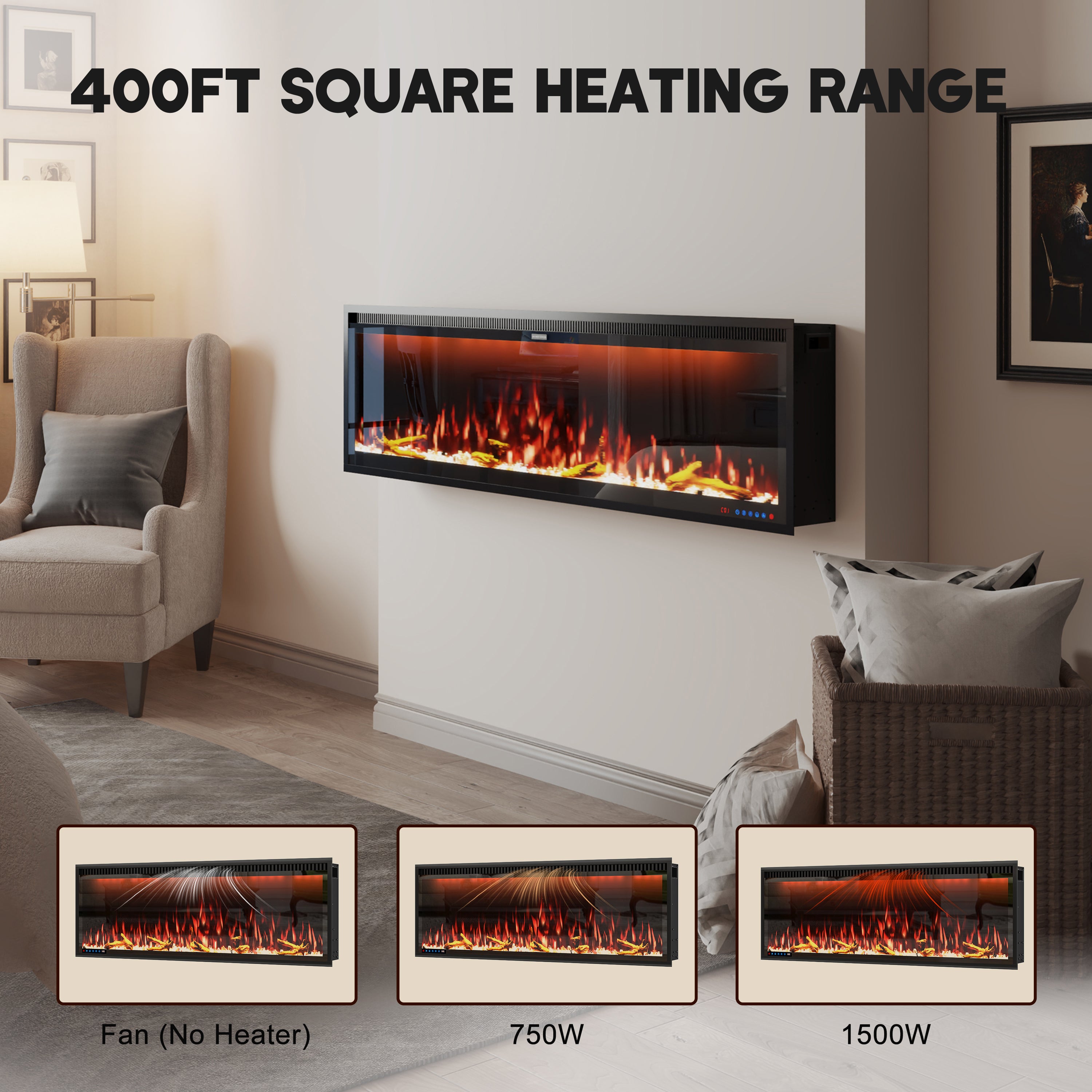 50/60/74/88-in W Black LED Wall-mount Electric Fireplace with Remote Control Included