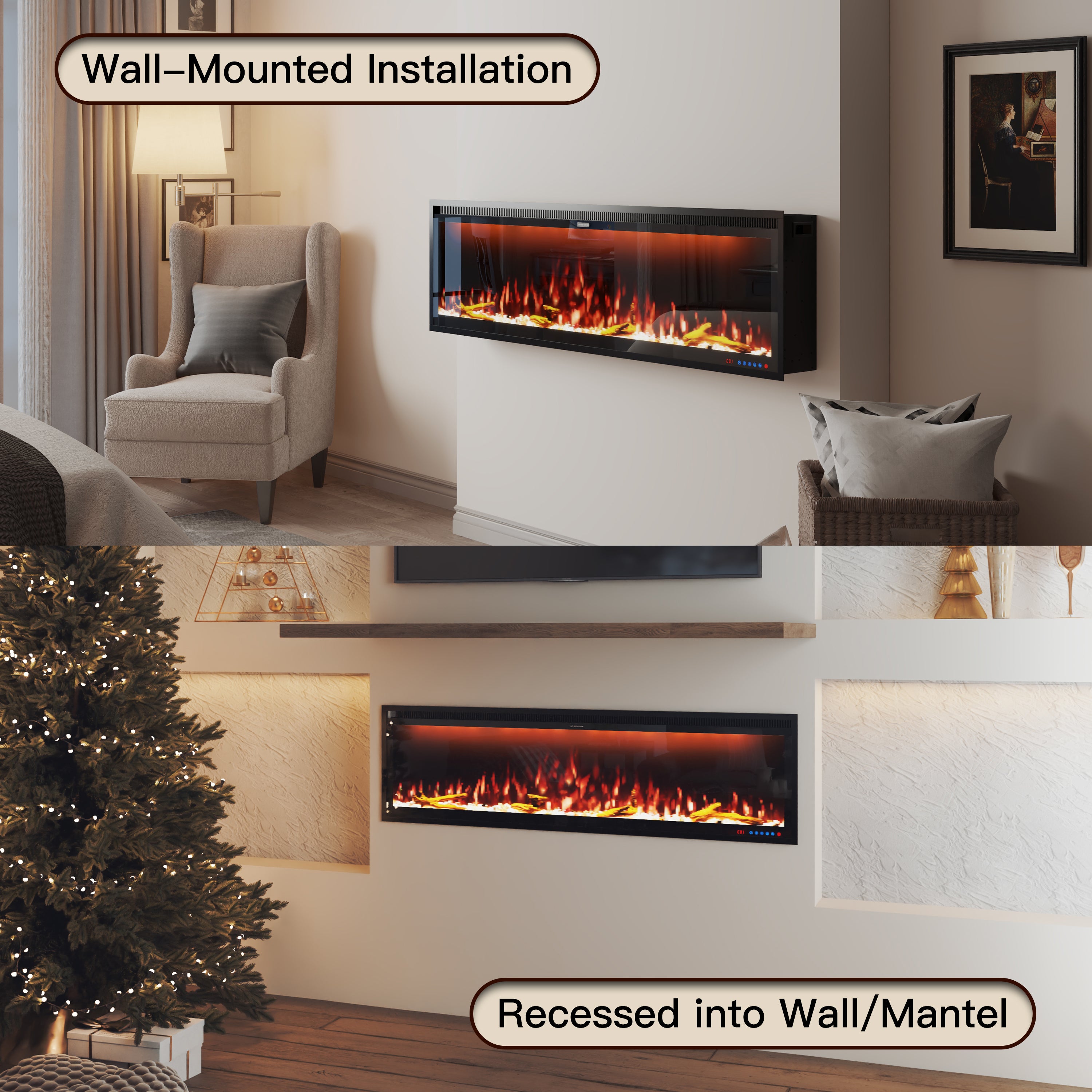 50/60/74/88-in W Black LED Wall-mount Electric Fireplace with Remote Control Included