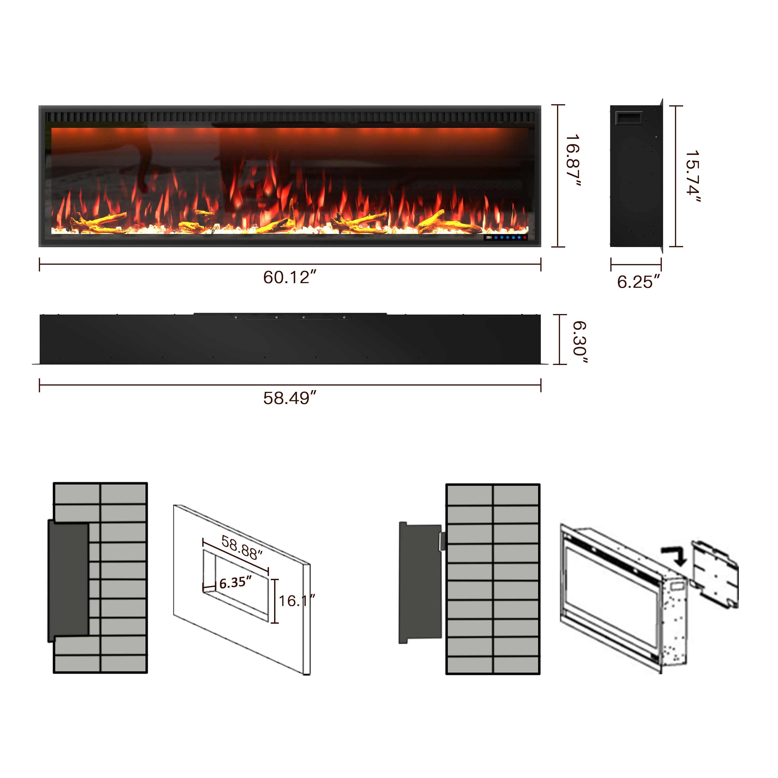 50/60/74/88-in W Black LED Wall-mount Electric Fireplace with Remote Control Included