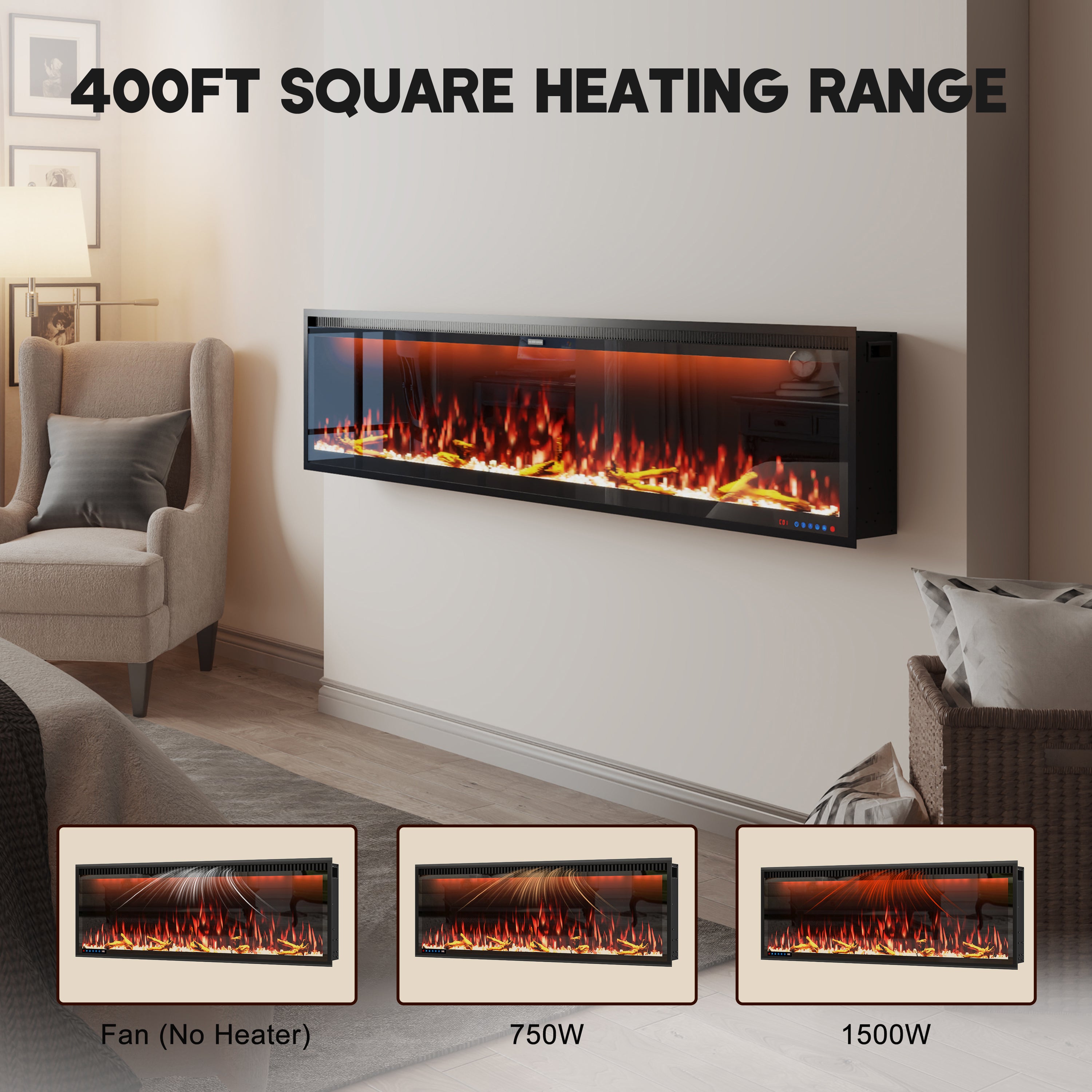 50/60/74/88-in W Black LED Wall-mount Electric Fireplace with Remote Control Included