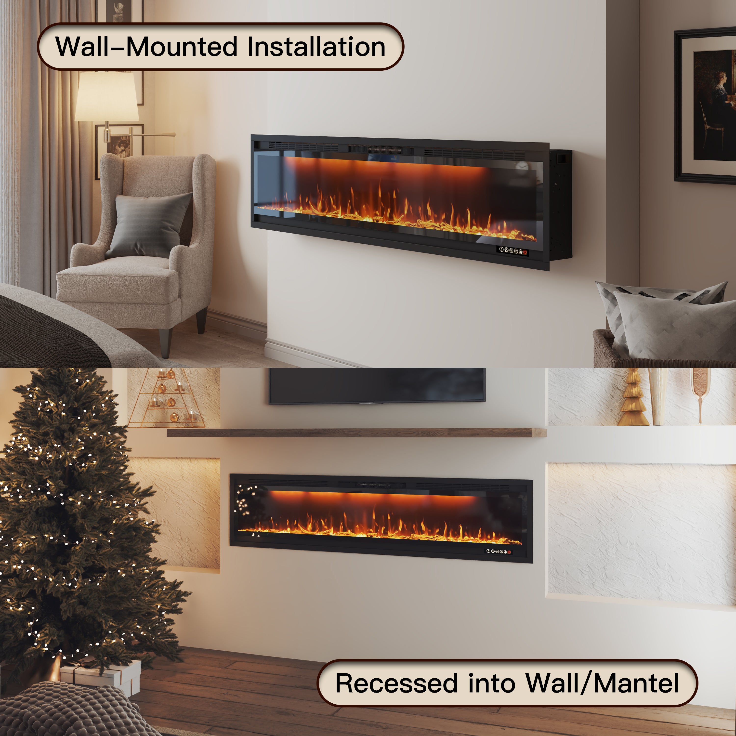 50/60/74/88-in W Black LED Wall-mount Electric Fireplace with Remote Control Included