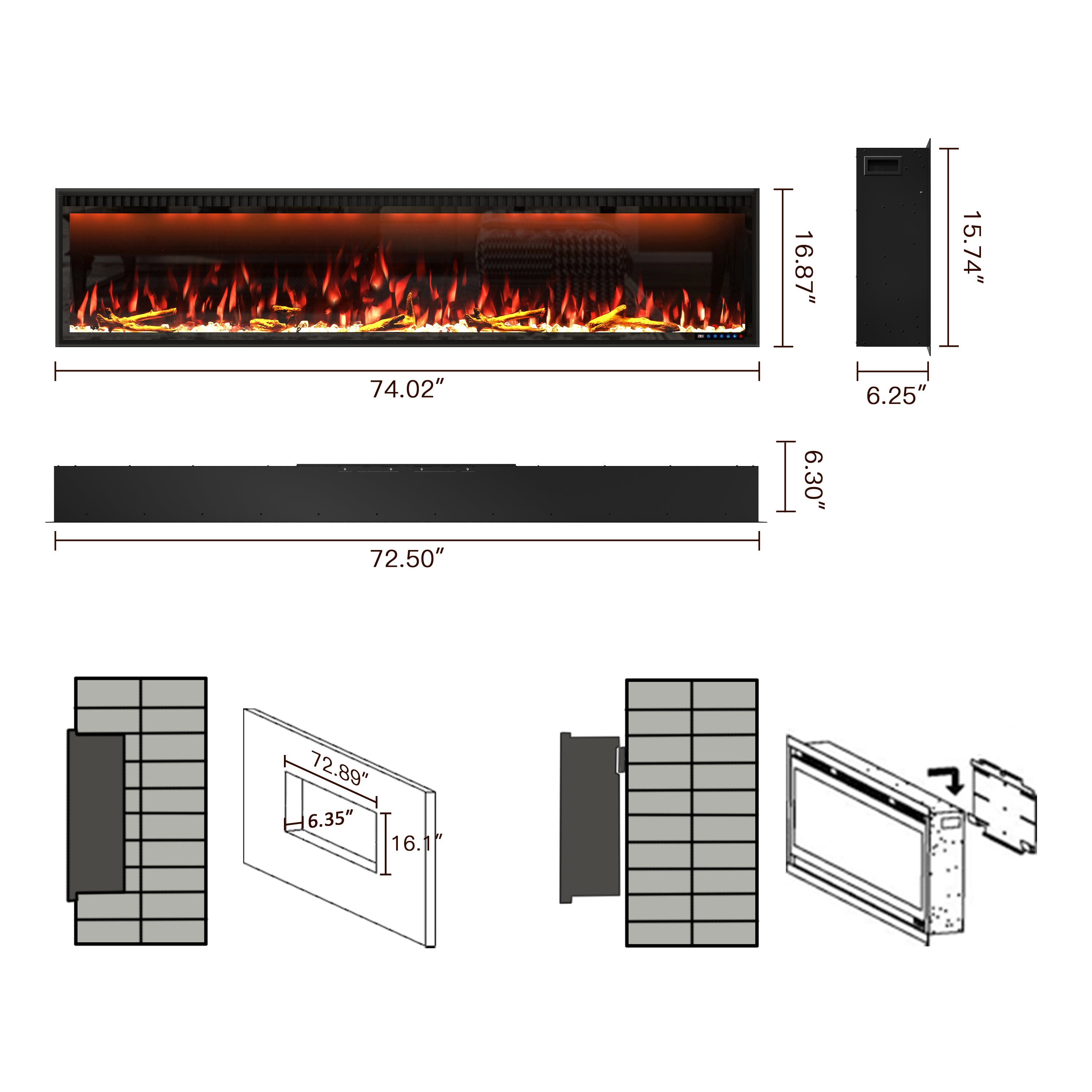 50/60/74/88-in W Black LED Wall-mount Electric Fireplace with Remote Control Included