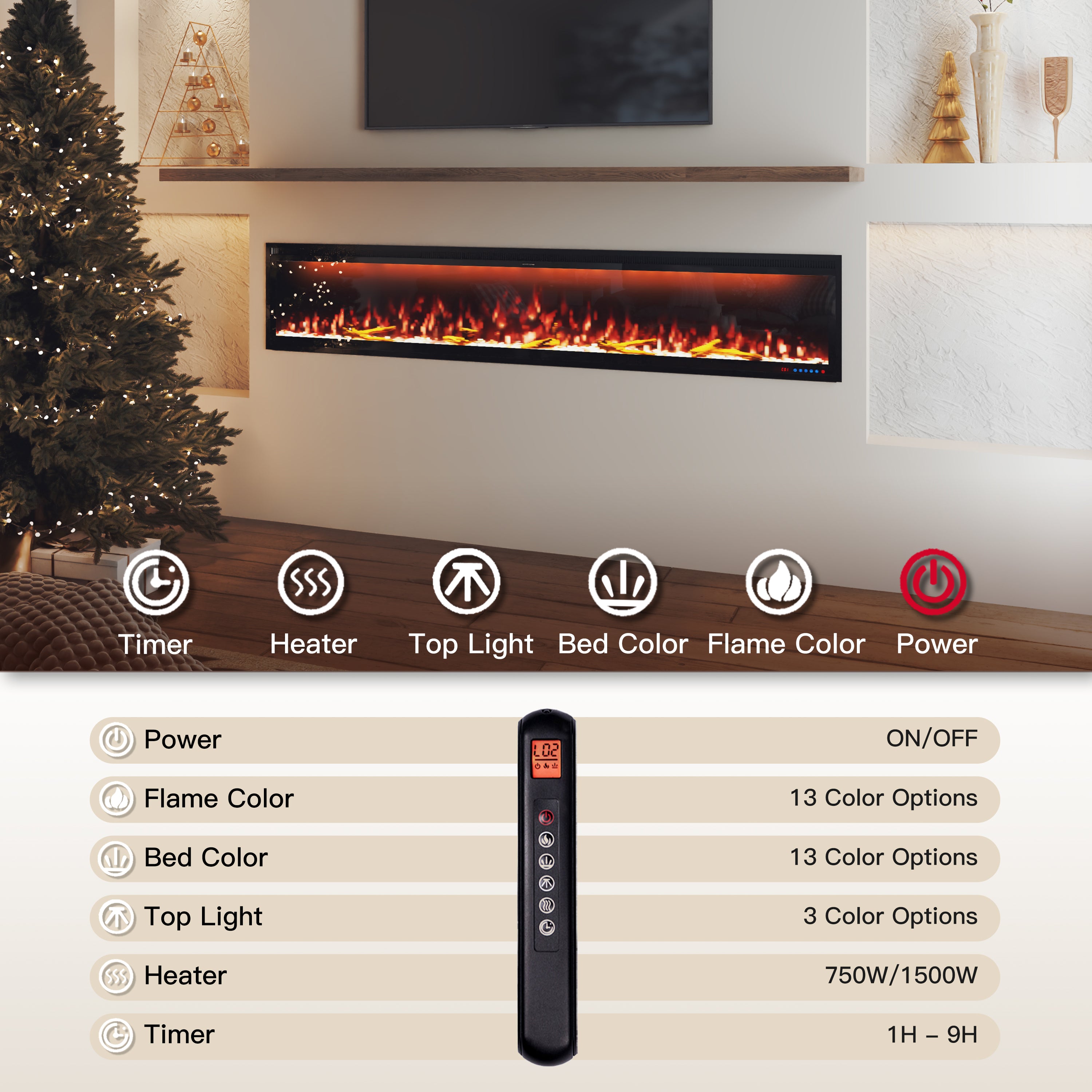 50/60/74/88-in W Black LED Wall-mount Electric Fireplace with Remote Control Included