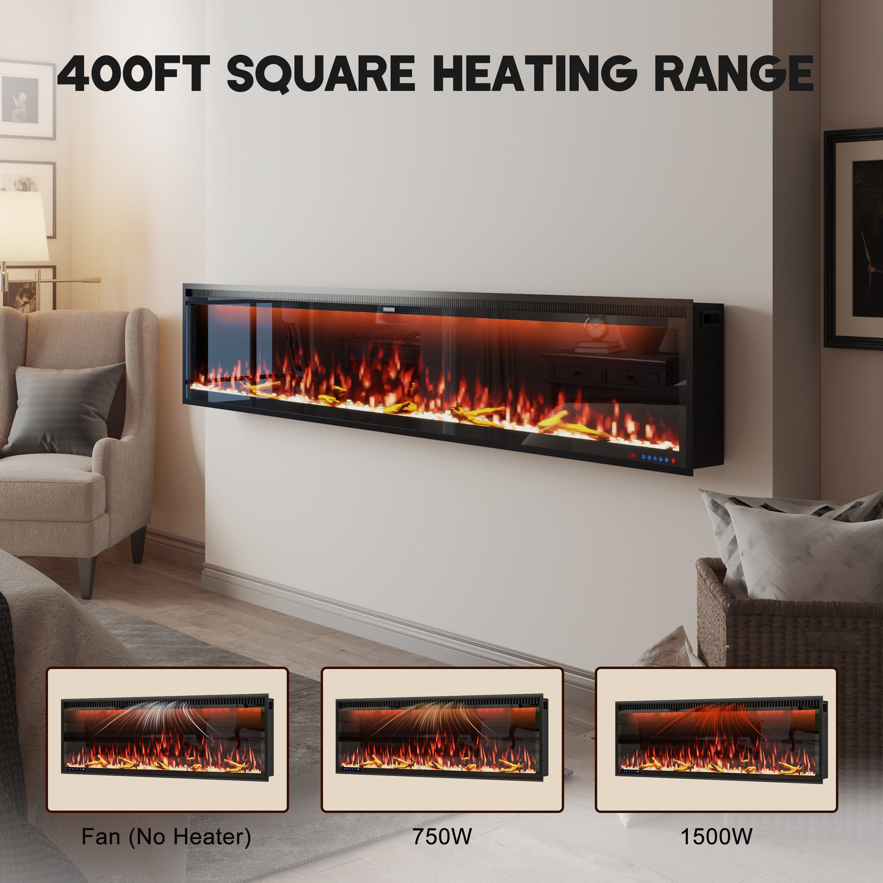 50/60/74/88-in W Black LED Wall-mount Electric Fireplace with Remote Control Included