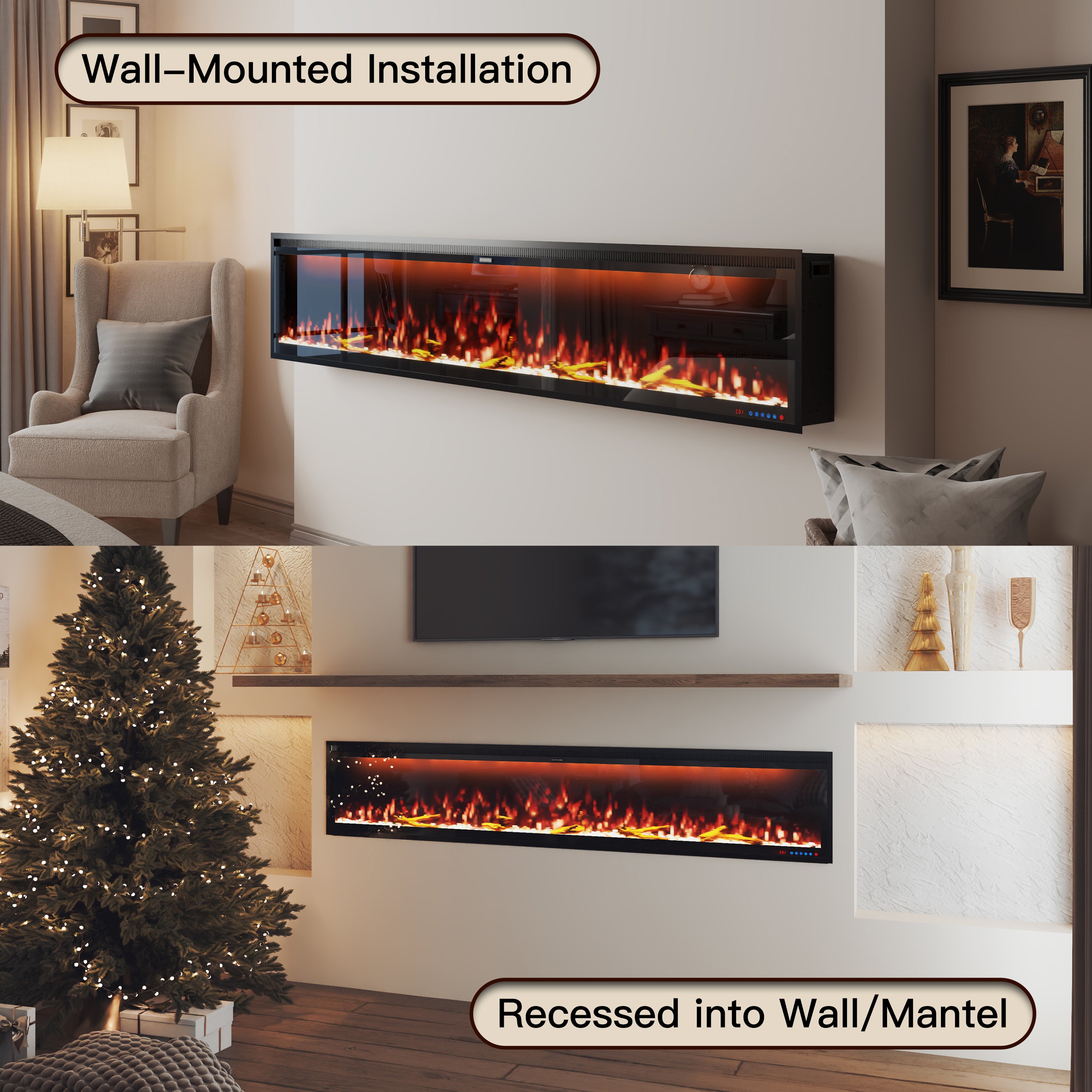 50/60/74/88-in W Black LED Wall-mount Electric Fireplace with Remote Control Included