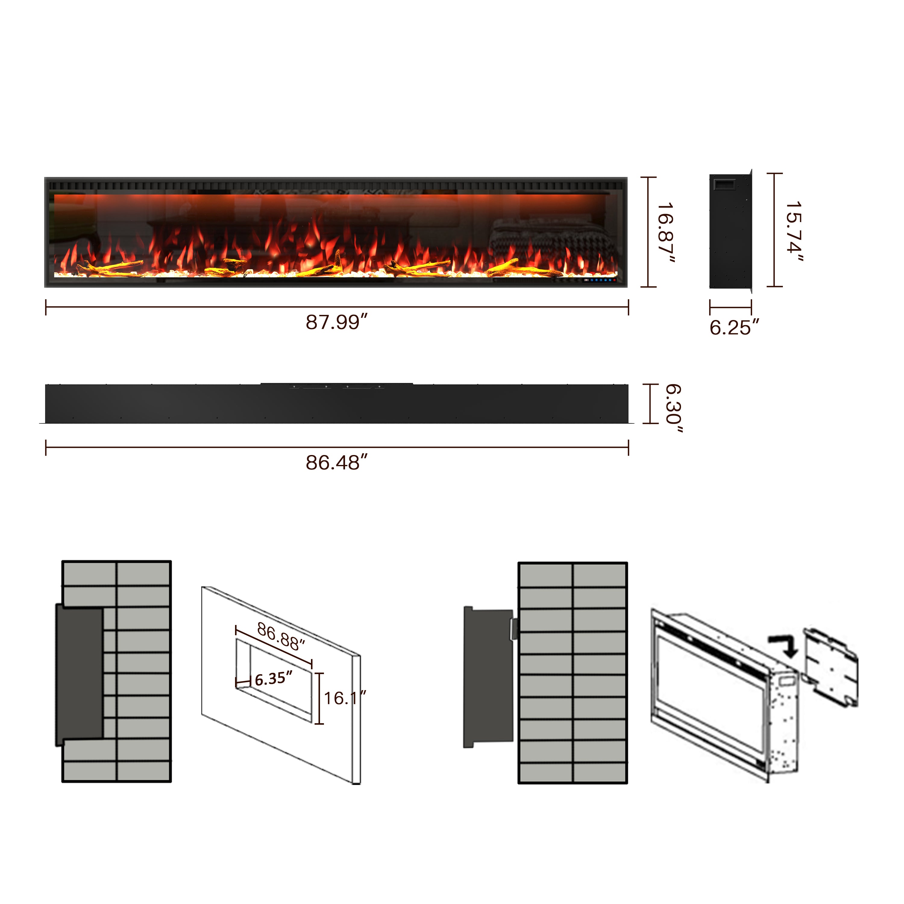 50/60/74/88-in W Black LED Wall-mount Electric Fireplace with Remote Control Included