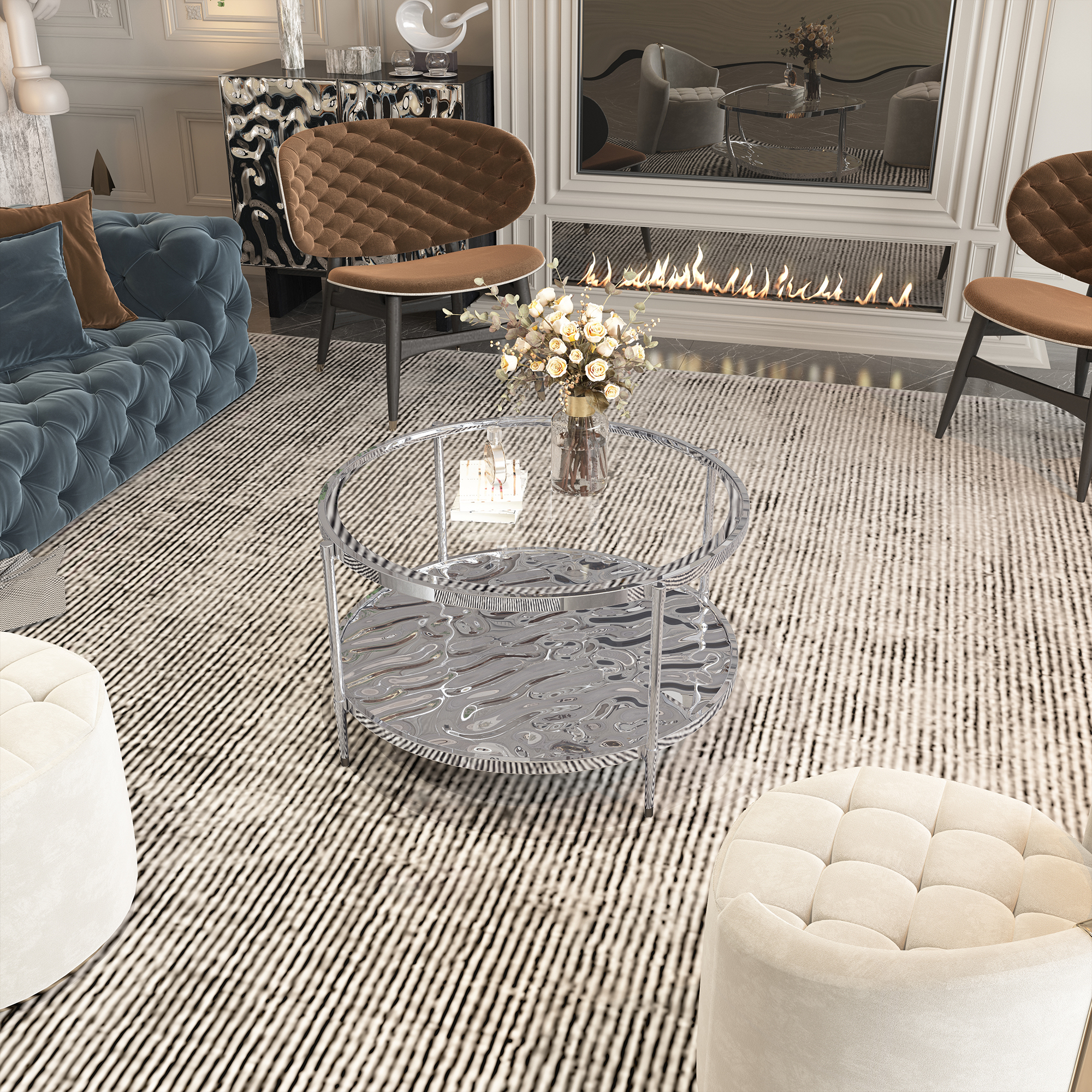 31.5 in. Stainless Steel Round Glass Coffee Table