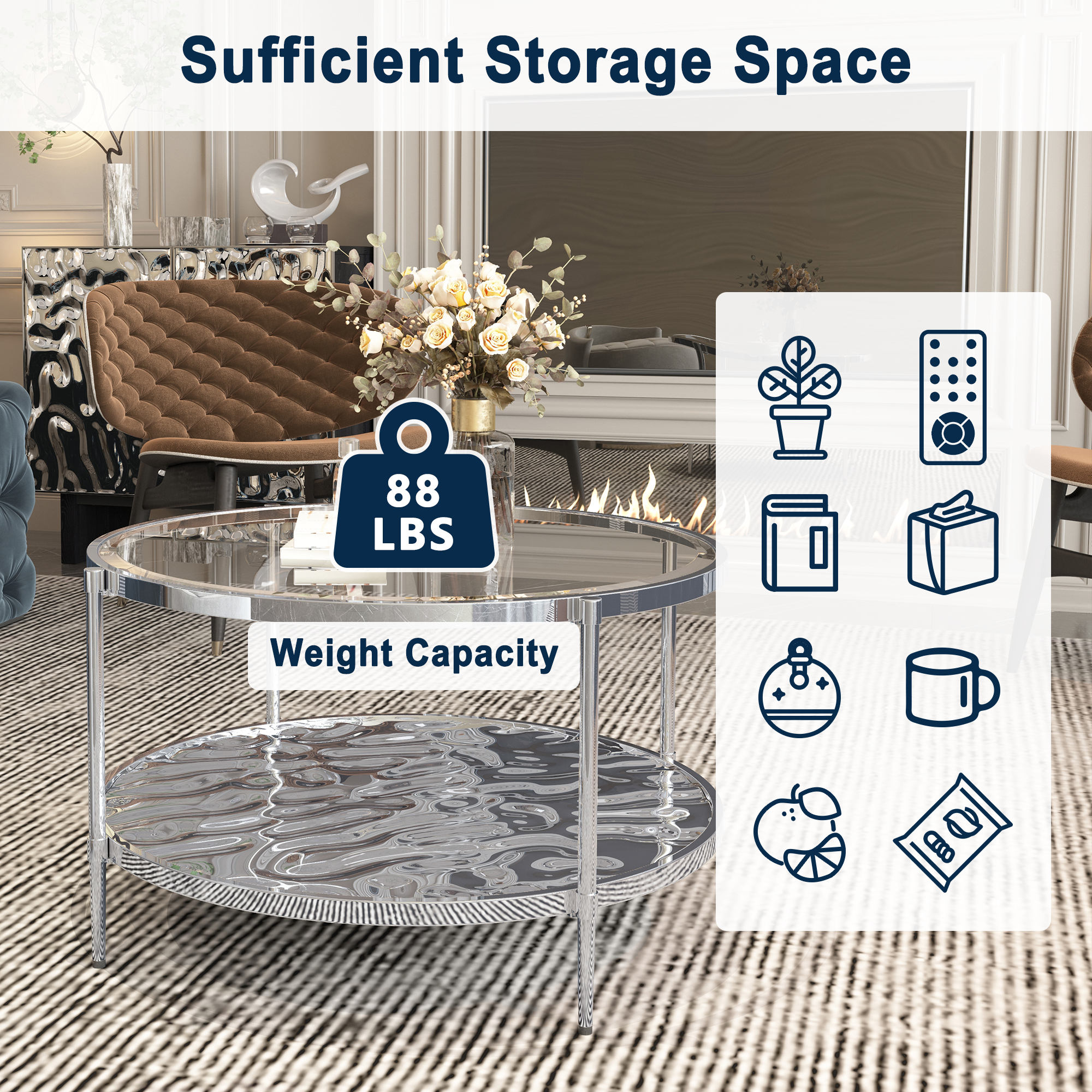 31.5 in. Stainless Steel Round Glass Coffee Table