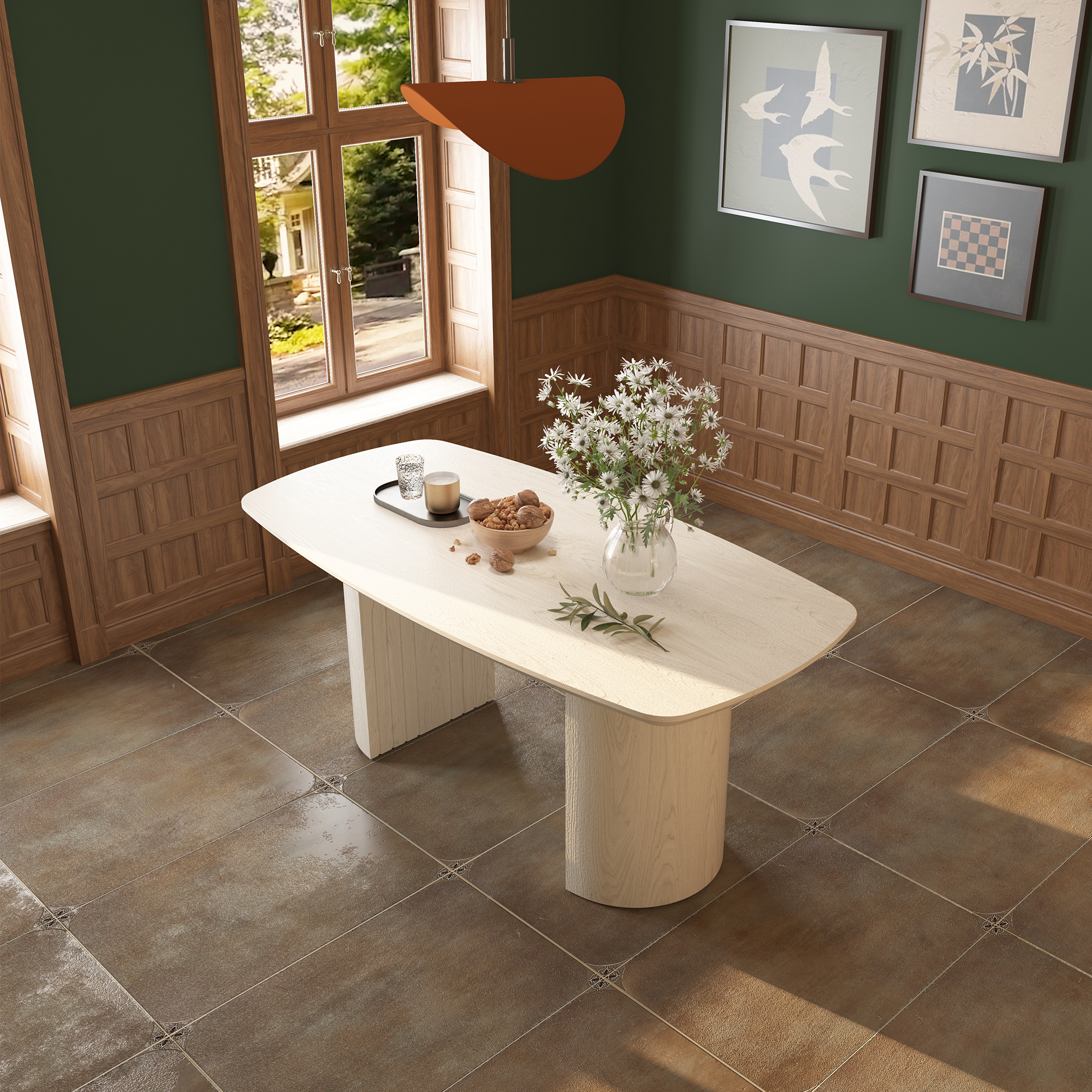 White Wood 70.87 in. Trestle Dining Table Seats-6