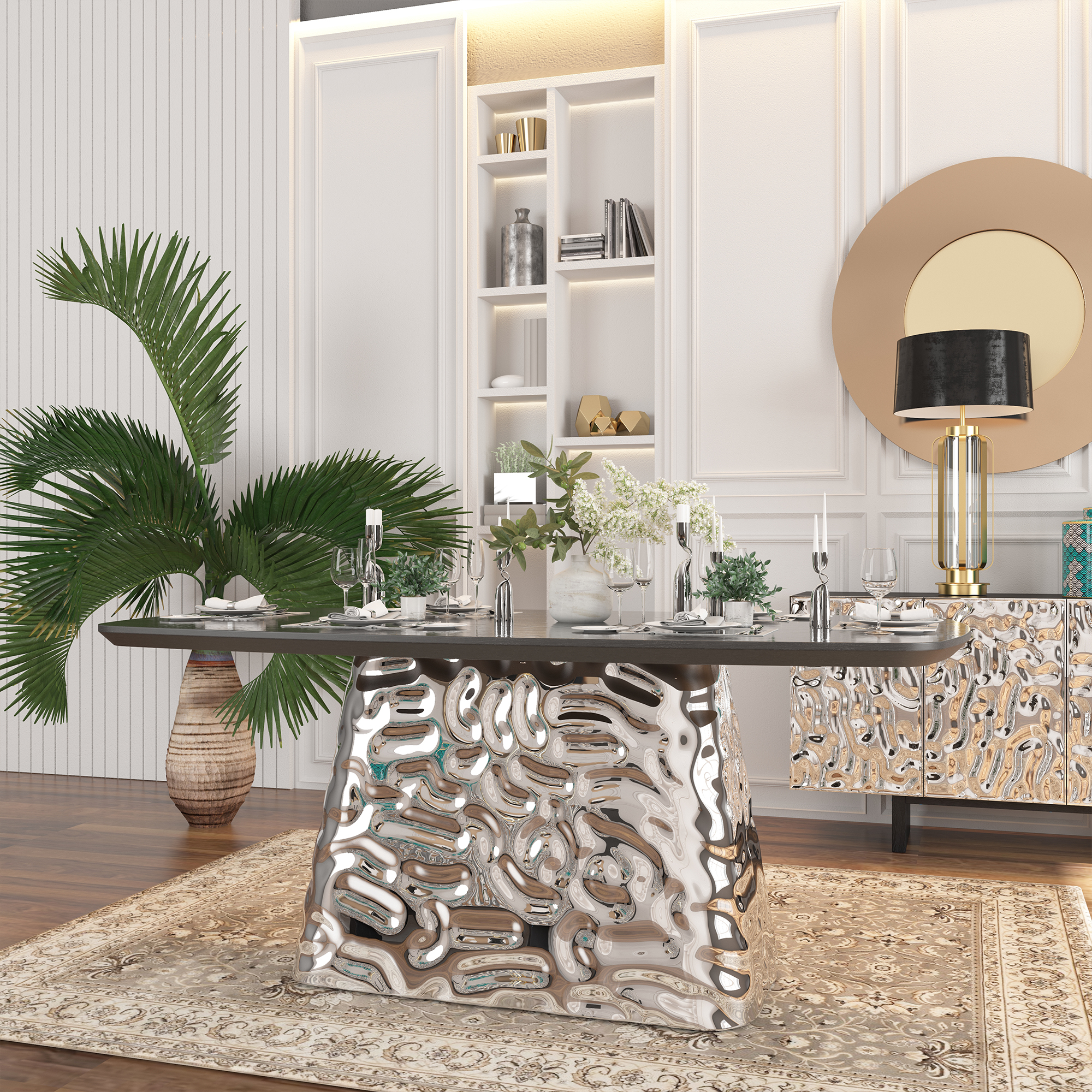 Silver and Black Wood 70.87 in. Pedestal Dining Table Seats-6