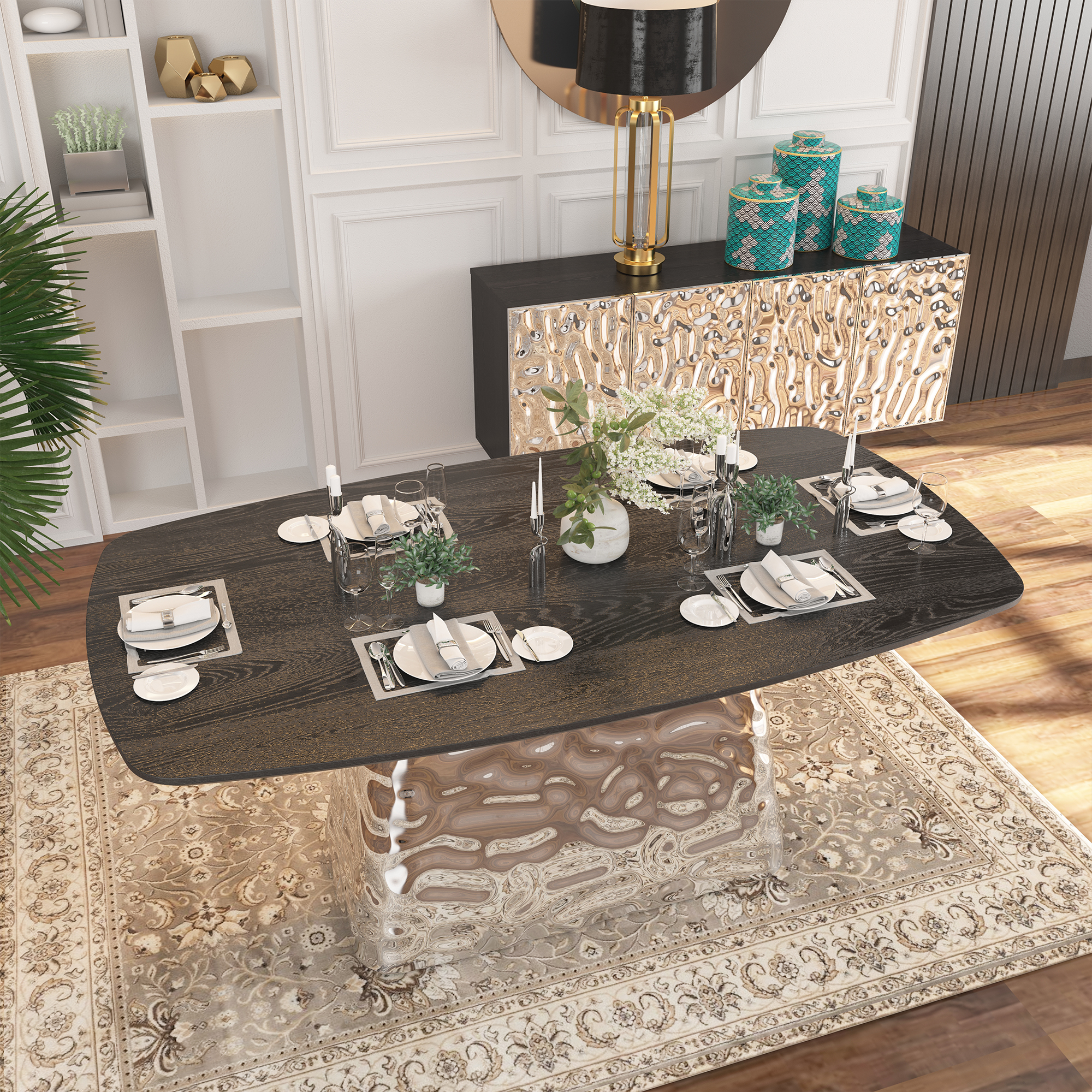 Silver and Black Wood 70.87 in. Pedestal Dining Table Seats-6