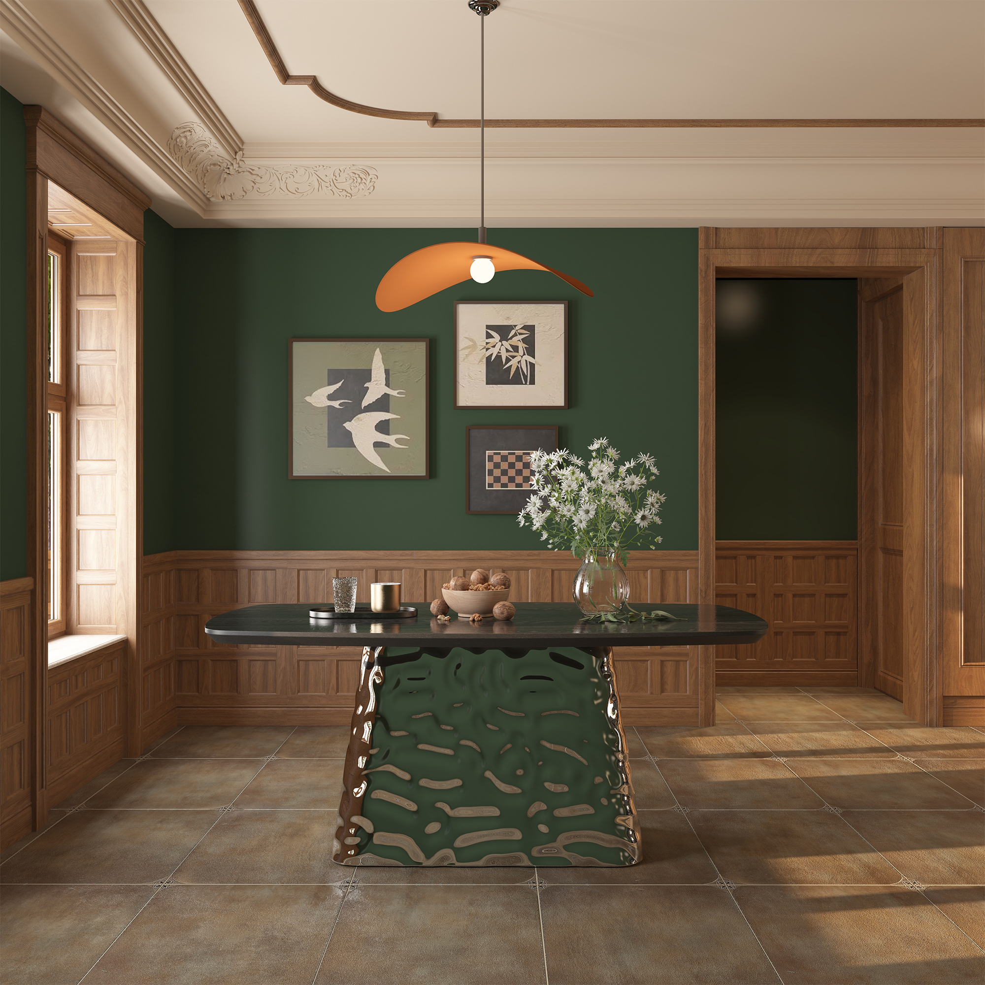 Silver and Black Wood 70.87 in. Pedestal Dining Table Seats-6