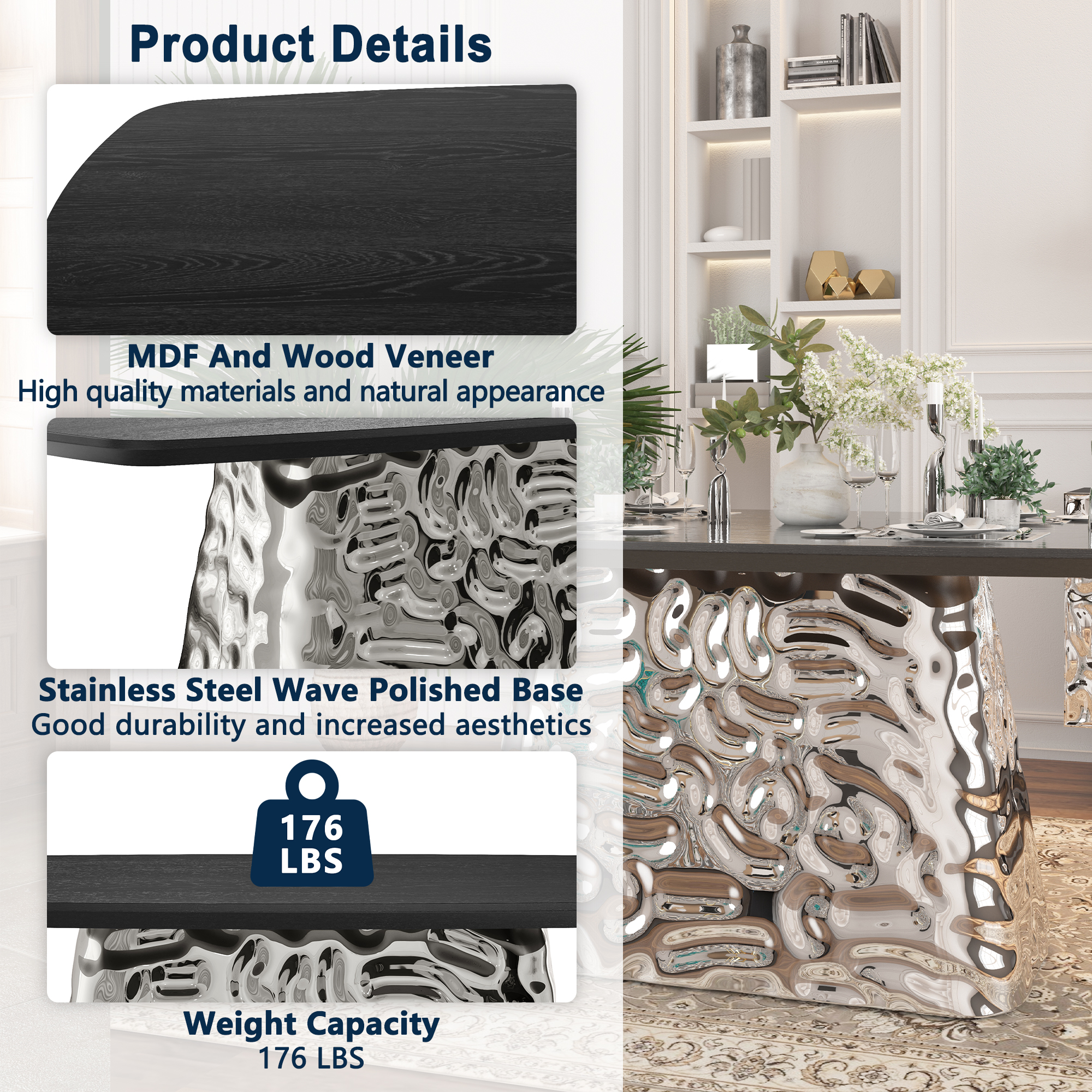 Silver and Black Wood 70.87 in. Pedestal Dining Table Seats-6