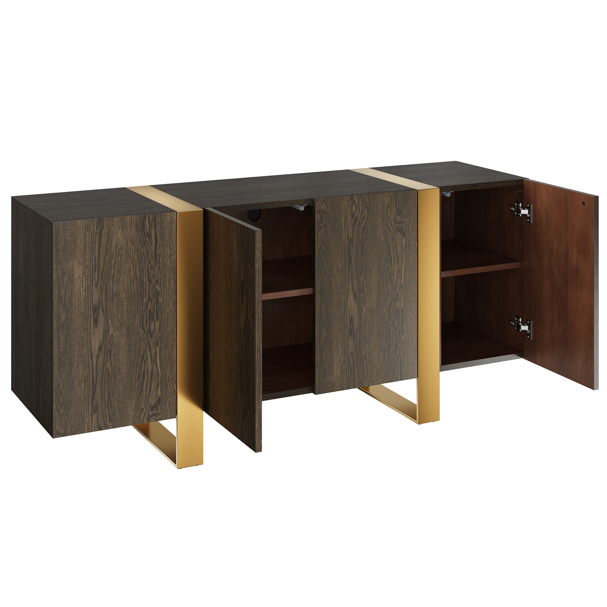 Dark Brown Grain TV Stand Fits TVs Up to 60 to 75 in. with Stainless Steel Brushed Gold Legs