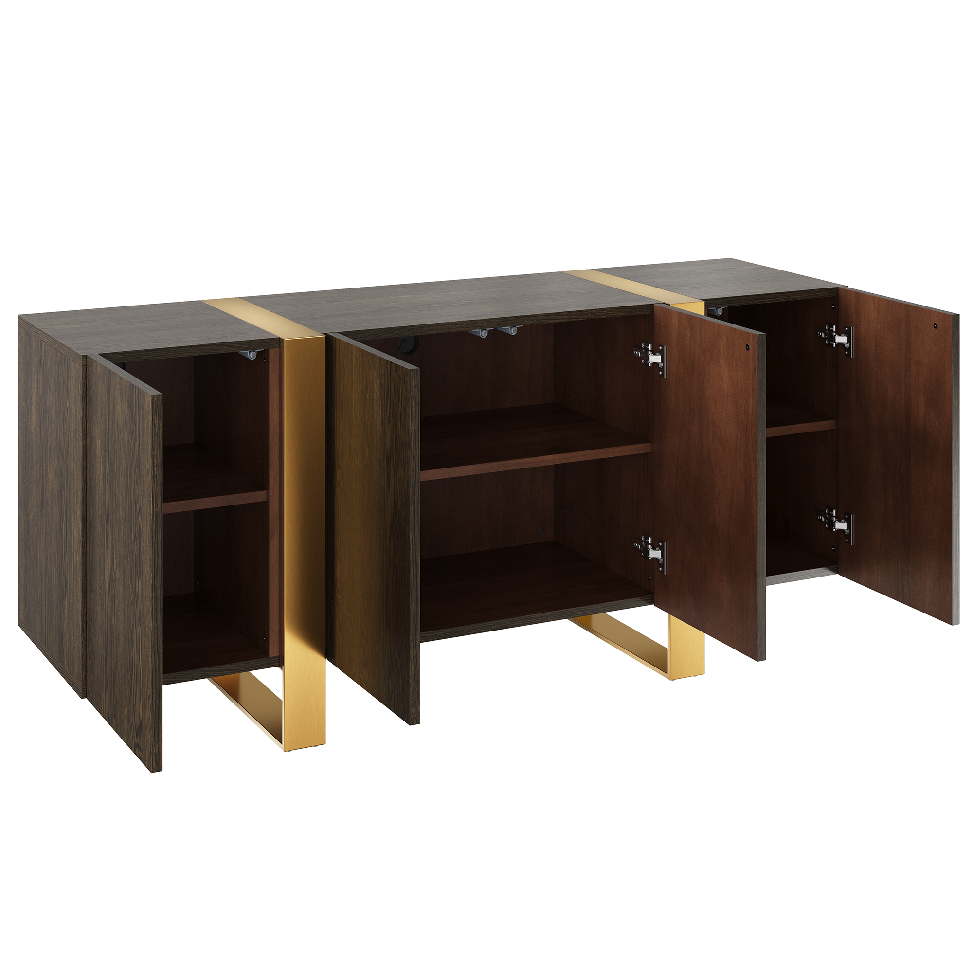 Dark Brown Grain TV Stand Fits TVs Up to 60 to 75 in. with Stainless Steel Brushed Gold Legs