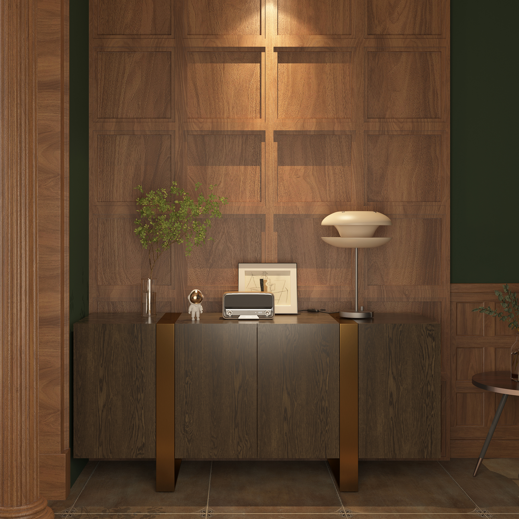 Dark Brown Grain TV Stand Fits TVs Up to 60 to 75 in. with Stainless Steel Brushed Gold Legs