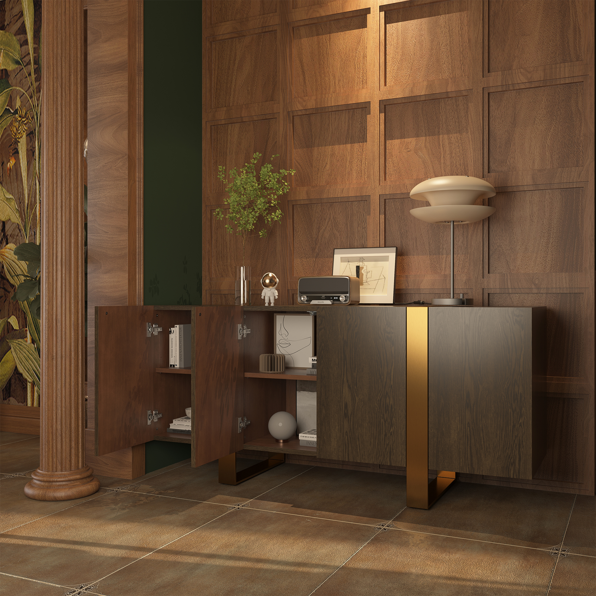 Dark Brown Grain TV Stand Fits TVs Up to 60 to 75 in. with Stainless Steel Brushed Gold Legs