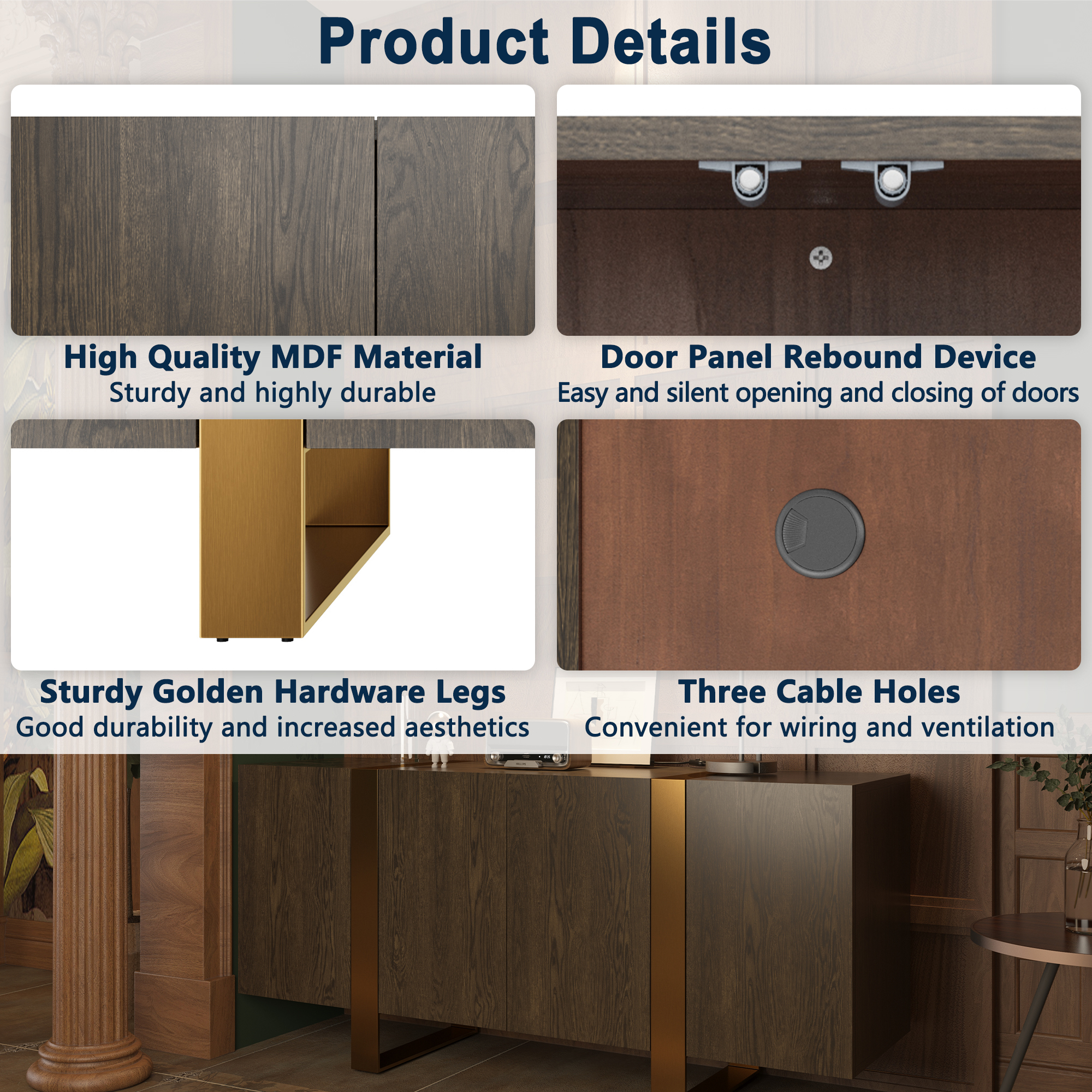 Dark Brown Grain TV Stand Fits TVs Up to 60 to 75 in. with Stainless Steel Brushed Gold Legs