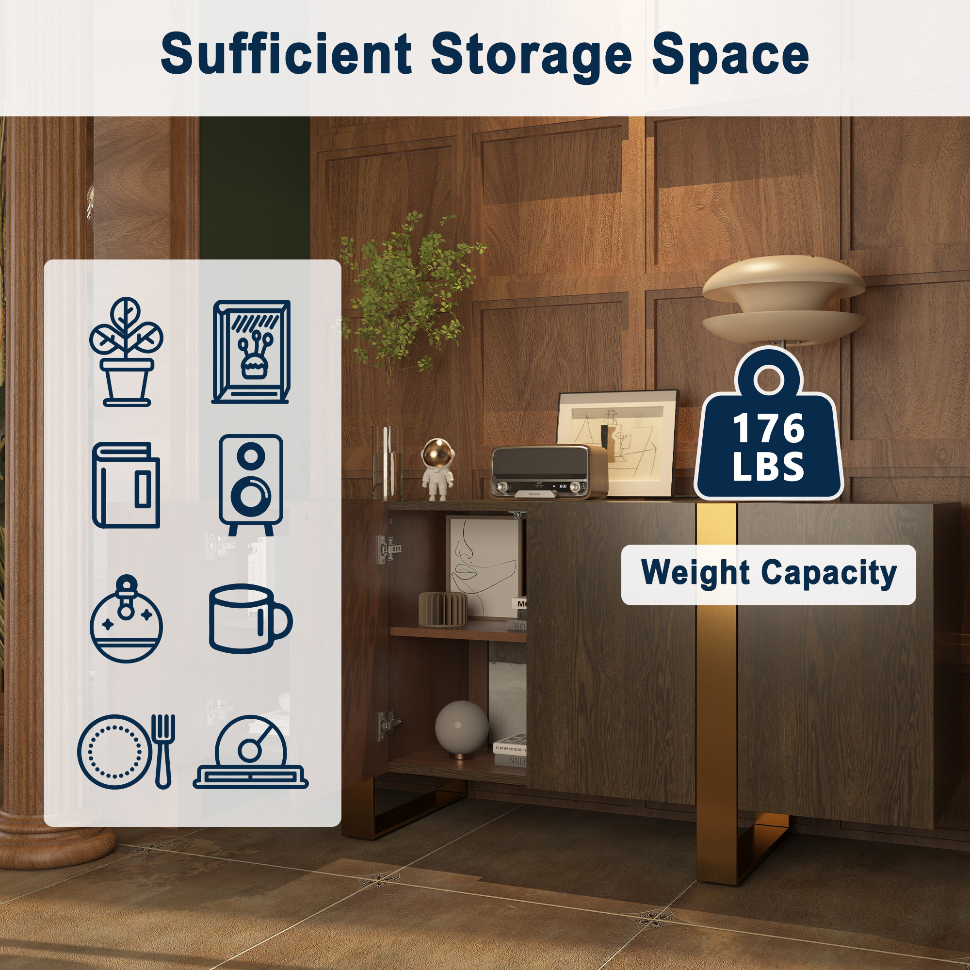 Dark Brown Grain TV Stand Fits TVs Up to 60 to 75 in. with Stainless Steel Brushed Gold Legs