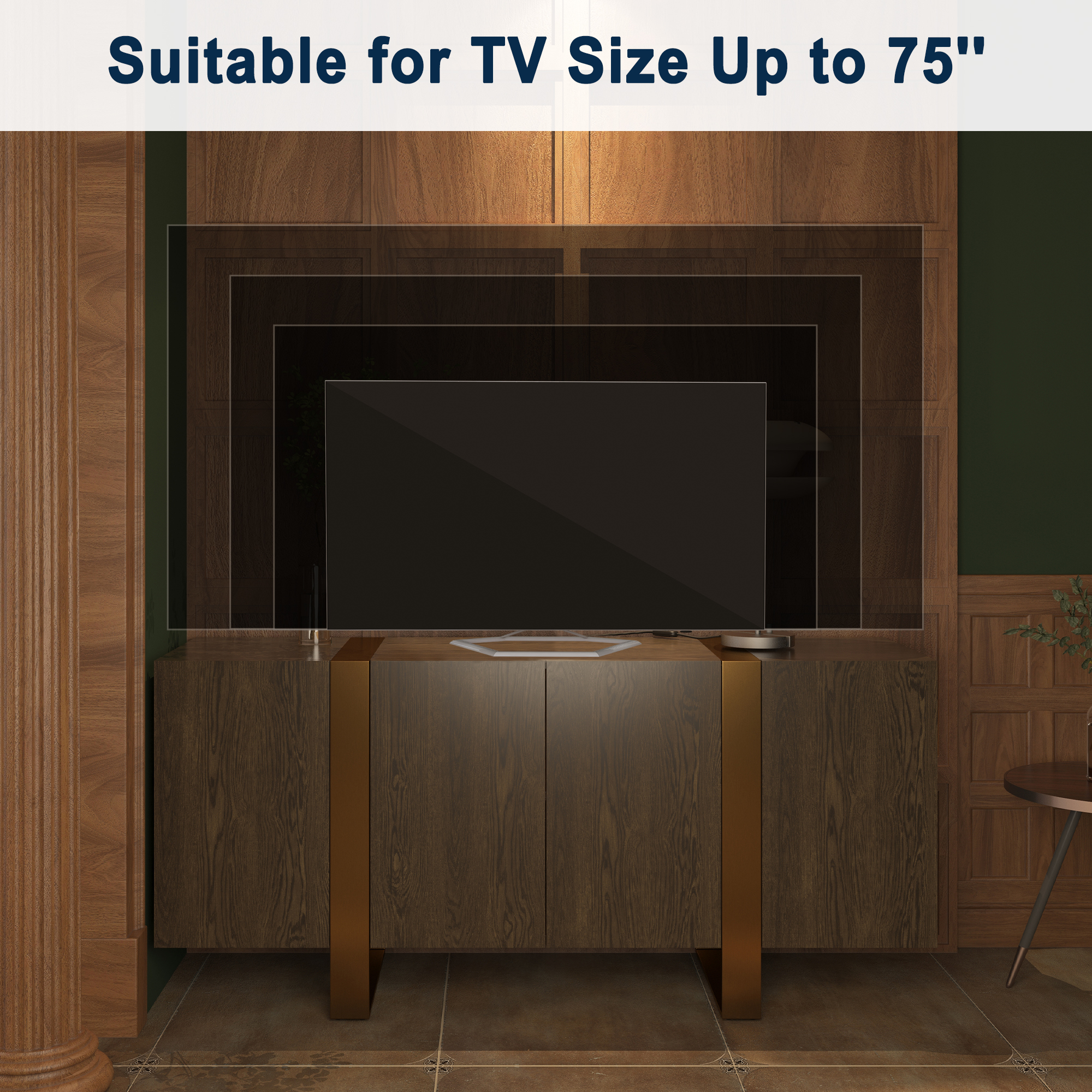Dark Brown Grain TV Stand Fits TVs Up to 60 to 75 in. with Stainless Steel Brushed Gold Legs