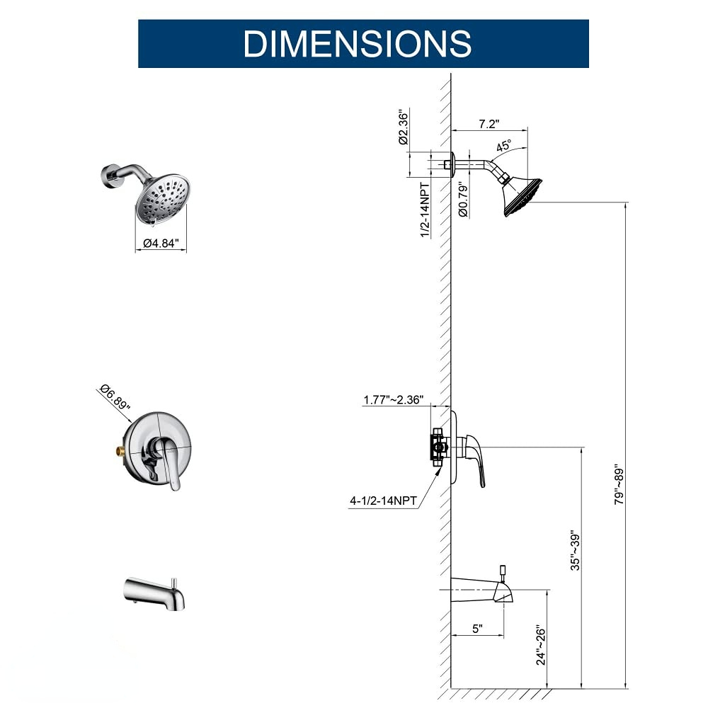 Bathtub Faucet Set, Shower System with Tub Spout 4.84 Inch 3-Spray Bathroom Shower Head, Single-Handle Shower Valve and Trim Kit (Oil Rubbed Bronze)
