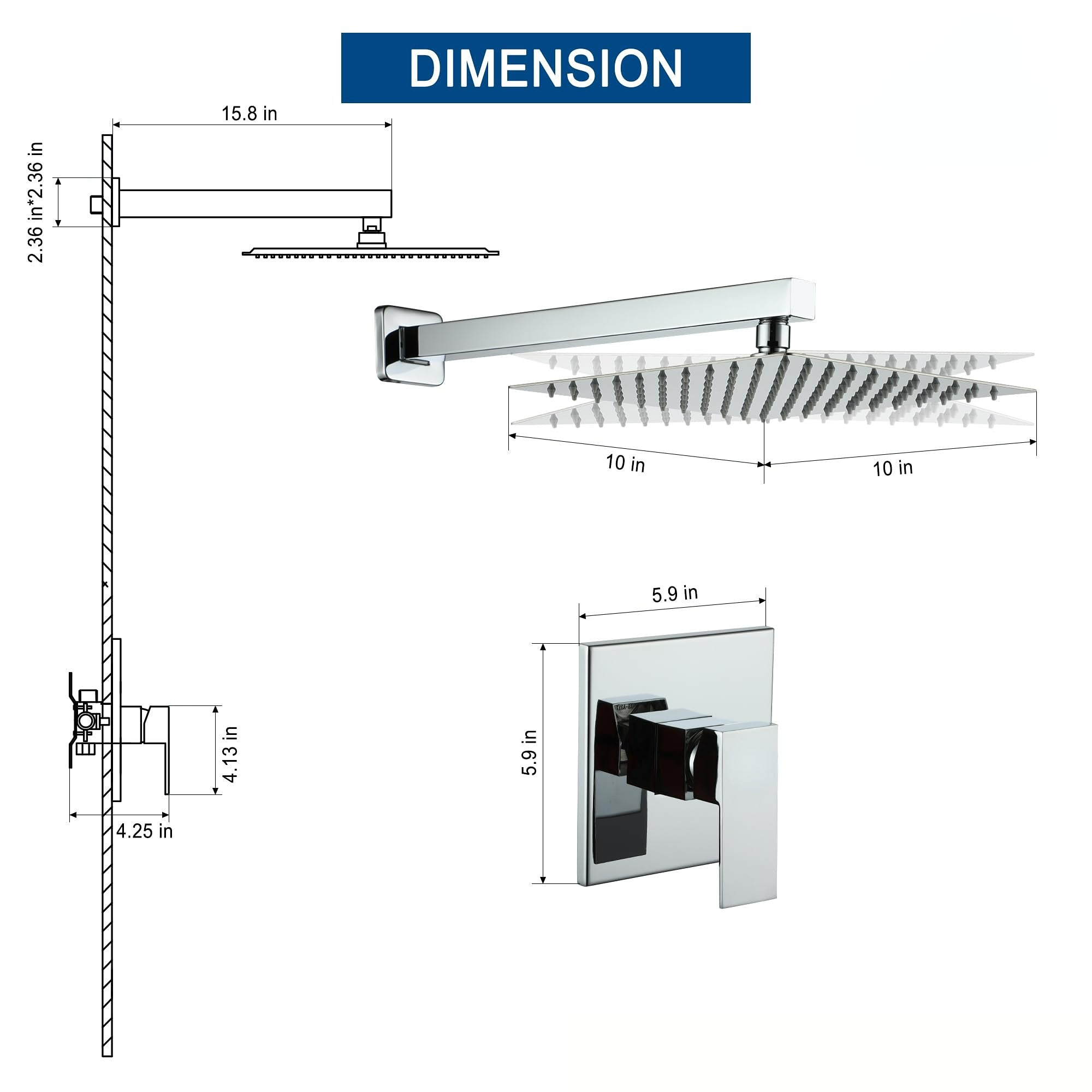 10 Inch Square Shower Head - Wall Mount 1-Spray Pattern Faucet with 2.5 GPM Flow Rate Brushed Gold (Valve Included)