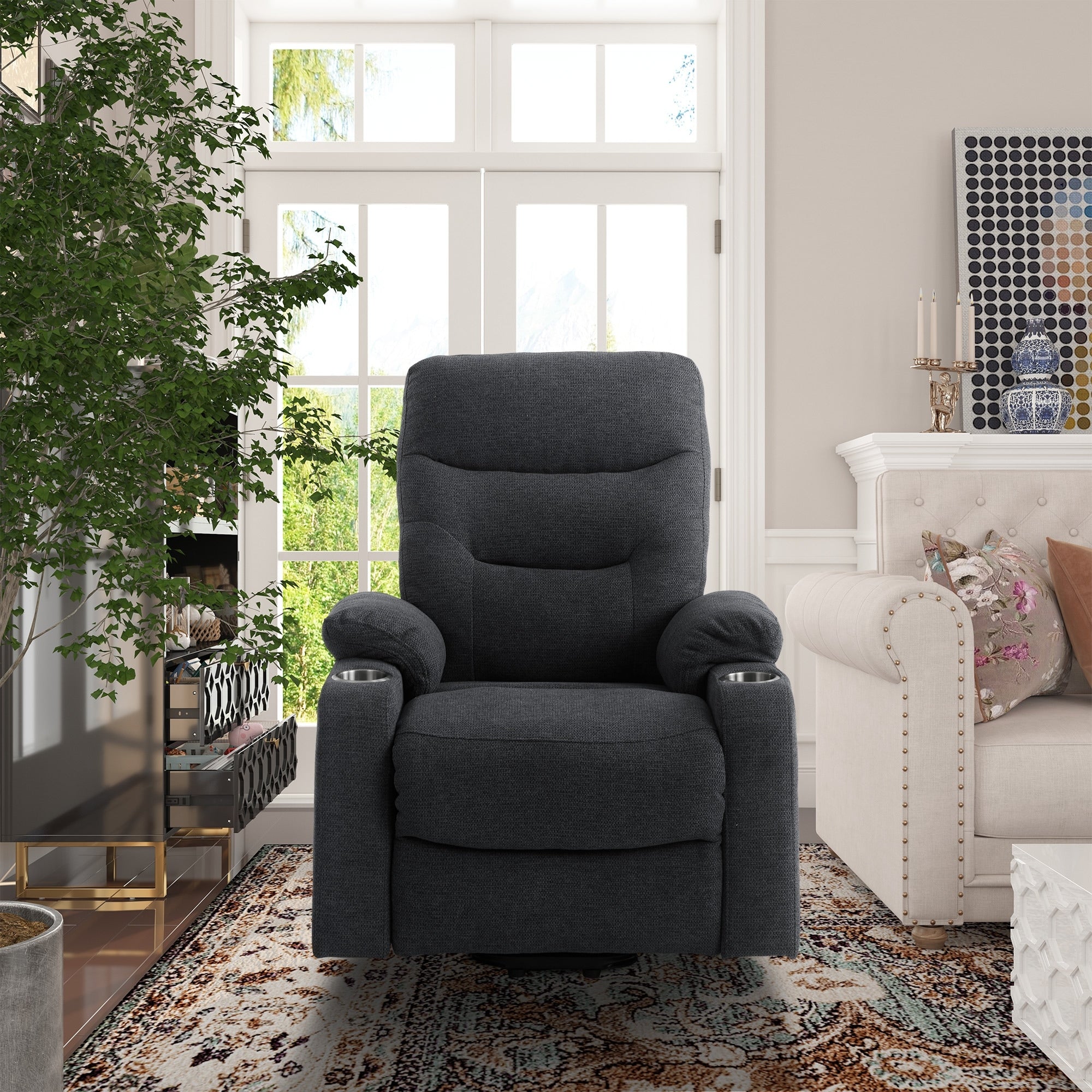 Soft Upholstered Electric Power Recliner Chair with Massage and Cup Holders