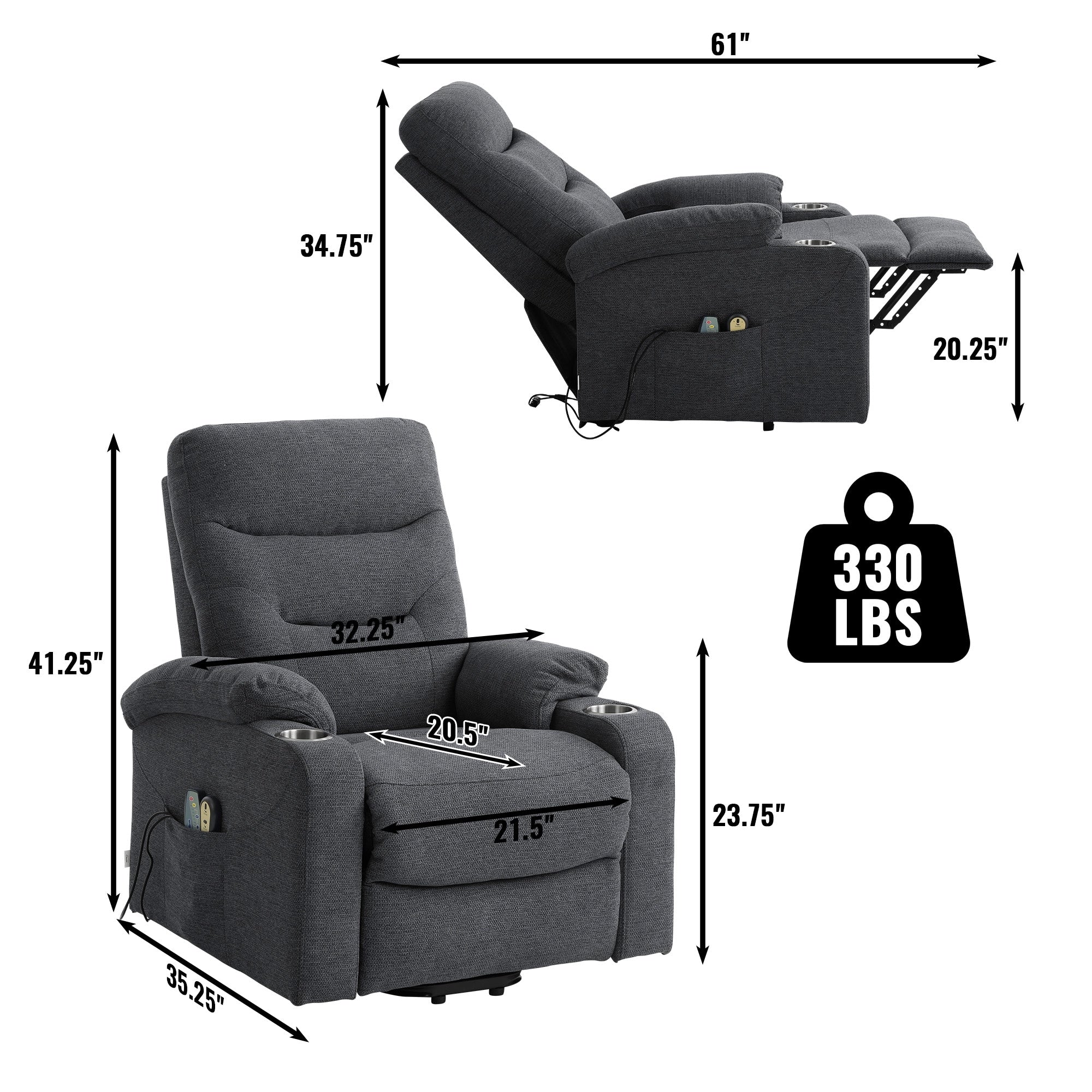 Soft Upholstered Electric Power Recliner Chair with Massage and Cup Holders