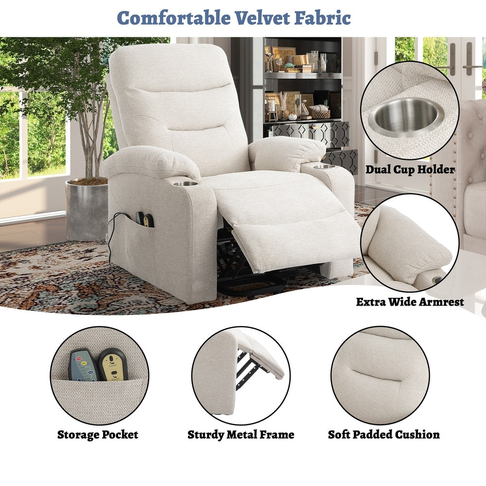 Soft Upholstered Electric Power Recliner Chair with Massage and Cup Holders